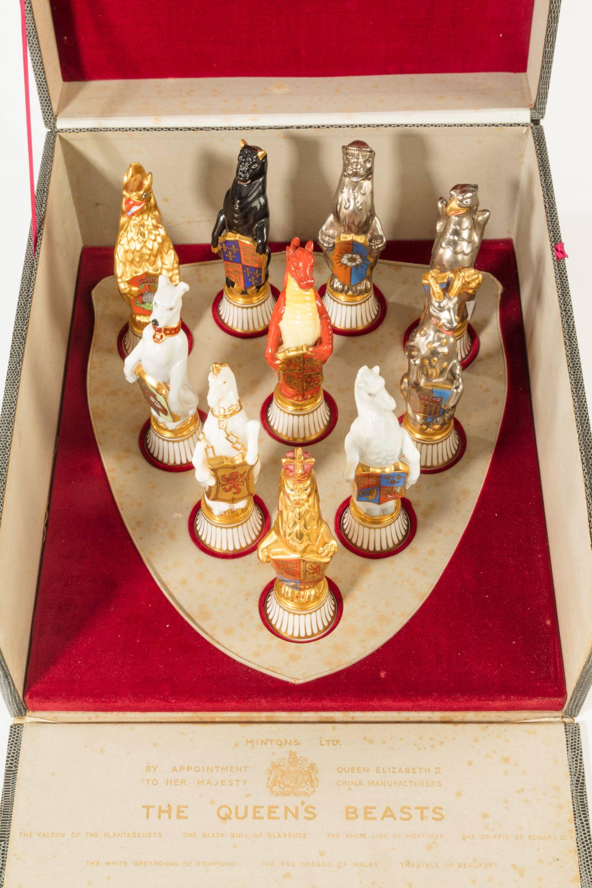 A fine set of ten bone china Queen’s beasts after James Woodford from Mintons. In the original case and all in mint condition. First produced in 1955 and printed with the Lion of England marks. 

James Woodford RA (1893–1976) was an English