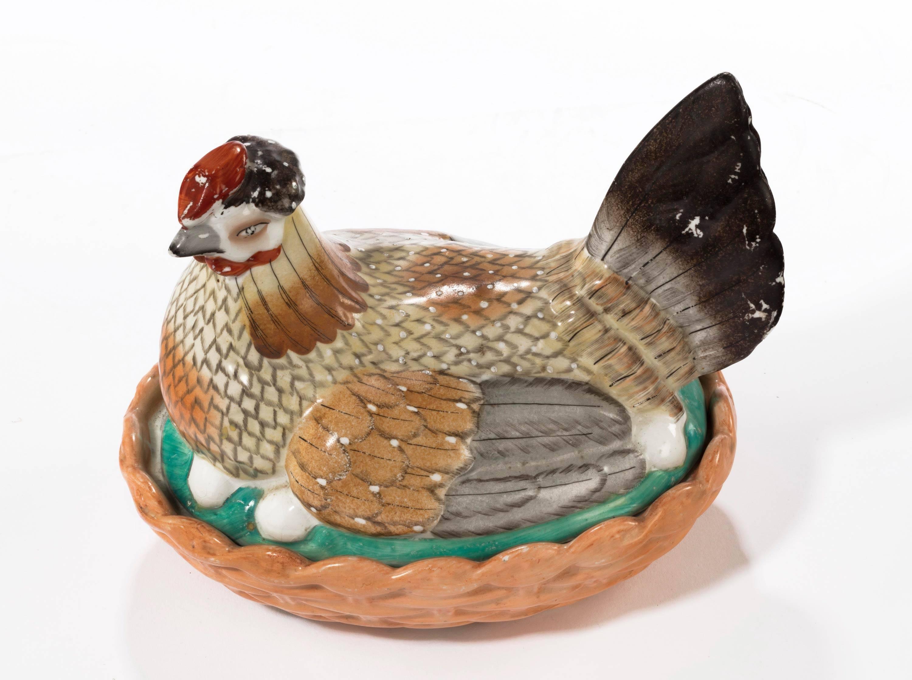 19th Century, Staffordshire Highly Colored Hen Basket In Excellent Condition In Peterborough, Northamptonshire