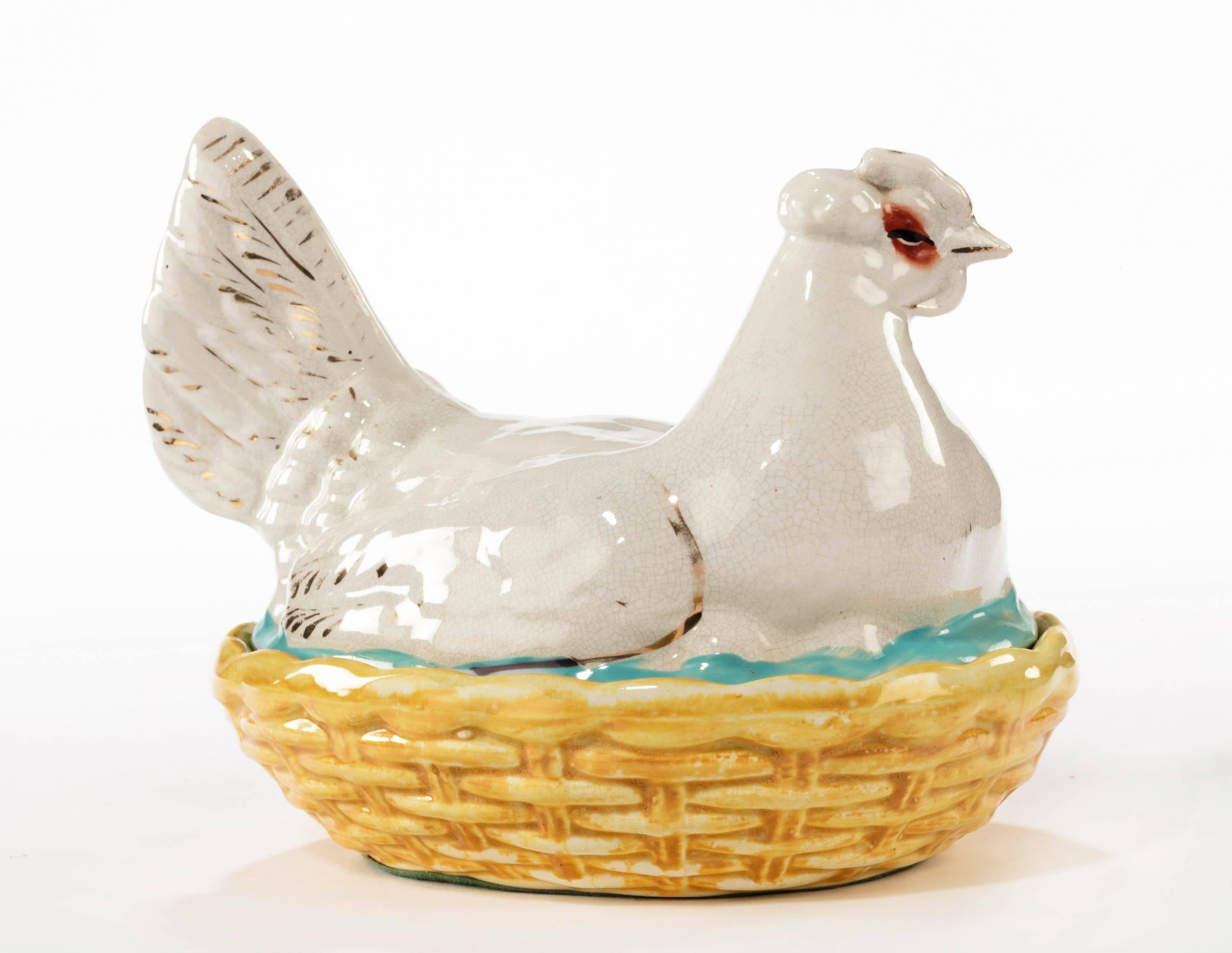 A small Staffordshire 19th century hen basket with gilded and enameled decoration.