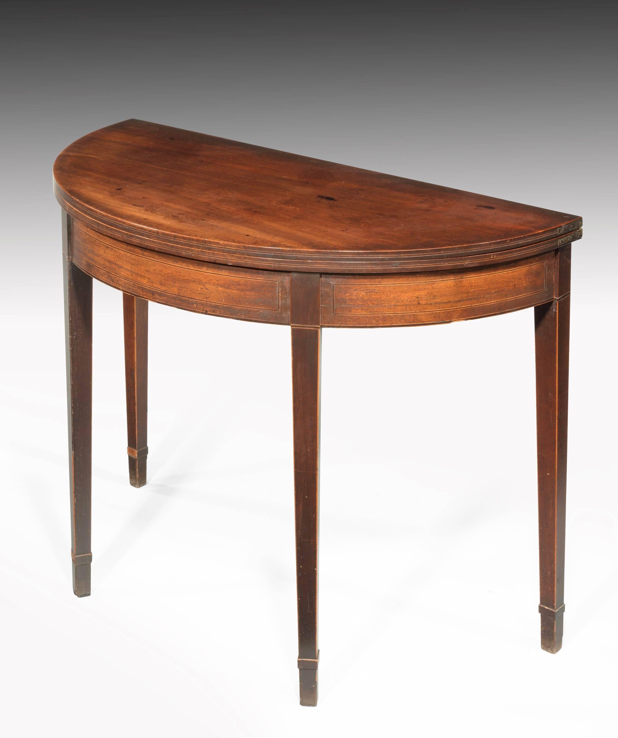 English Pair of George III Period Mahogany Demilune Card Tables with Fine Line Inlay