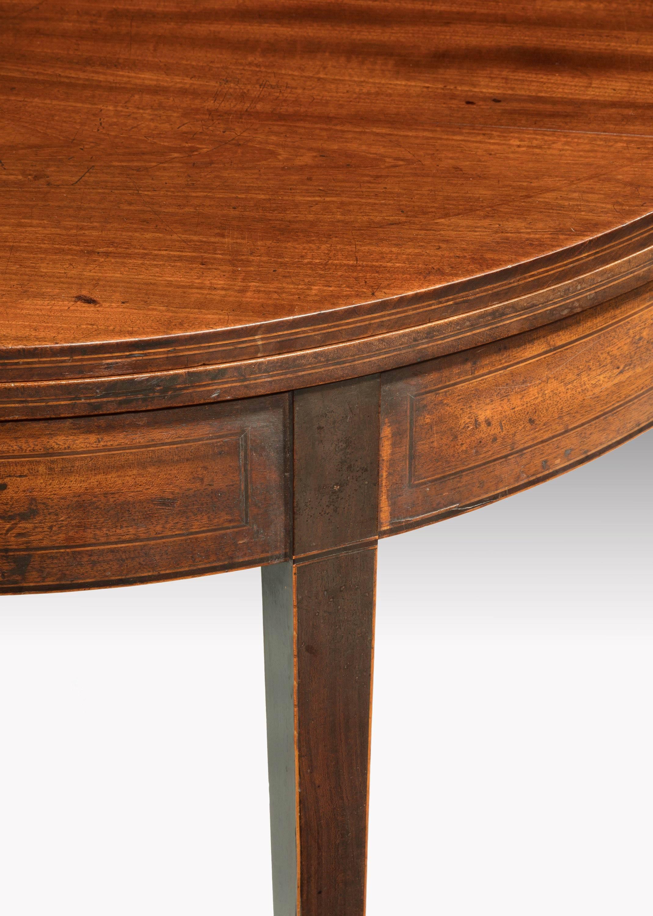18th Century Pair of George III Period Mahogany Demilune Card Tables with Fine Line Inlay