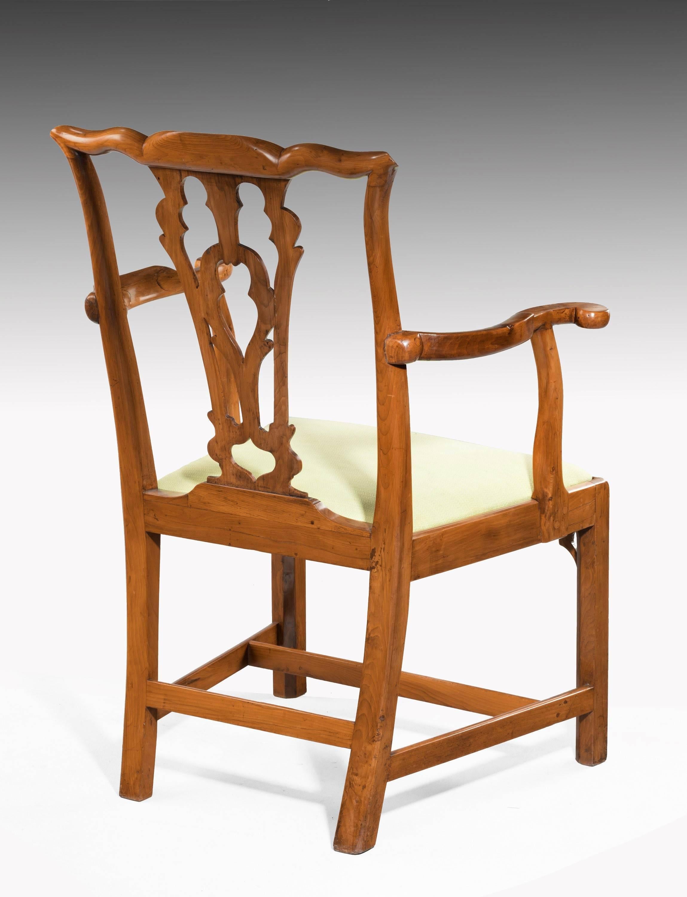 English Chippendale Period Yew Tree Elbow Chair with a Gothic Pierced Splat