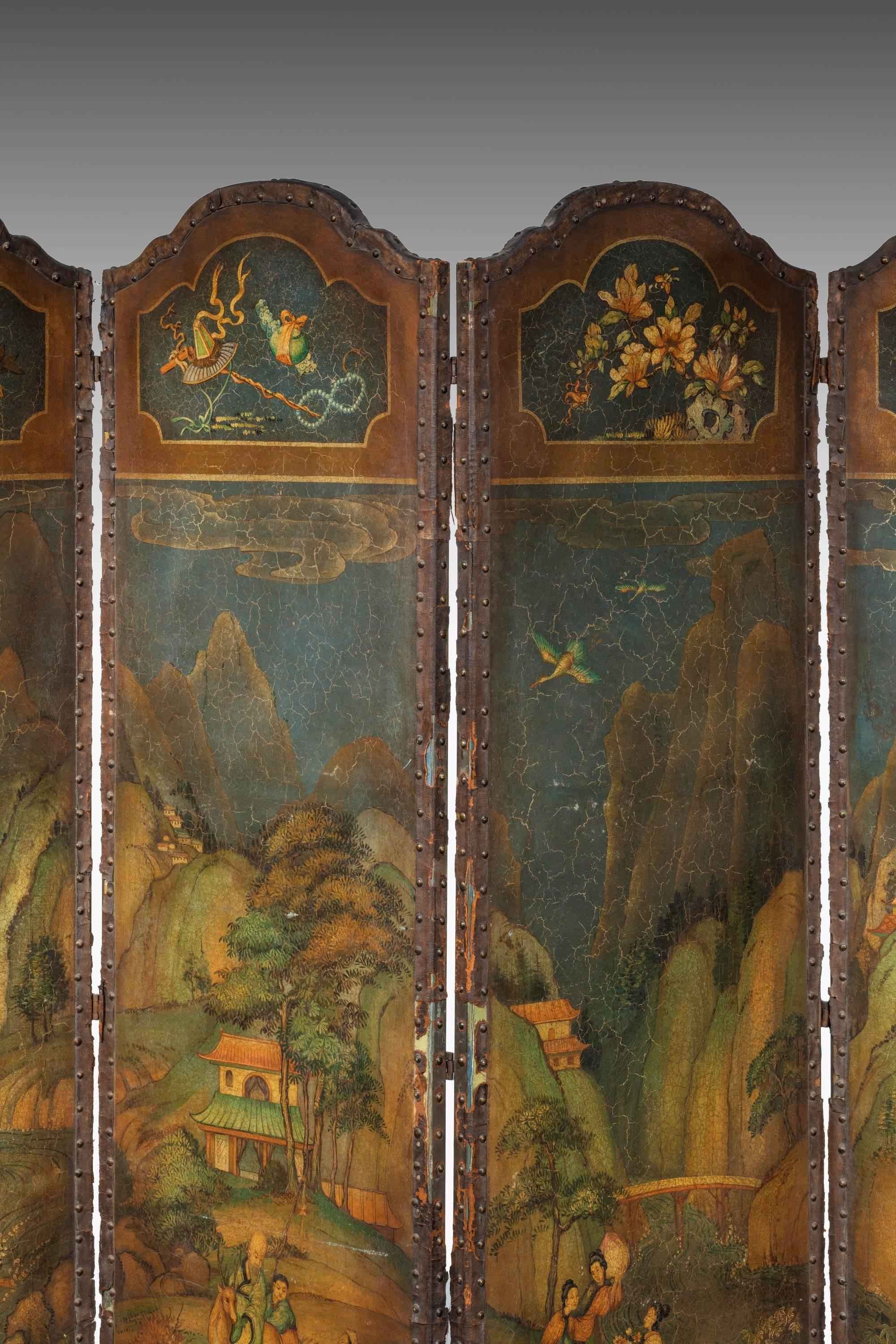 An unusual five-fold screen on canvas ground. The central panels of garden scenes with figures, exotic birds and foliage. Overall somewhat tired now.
