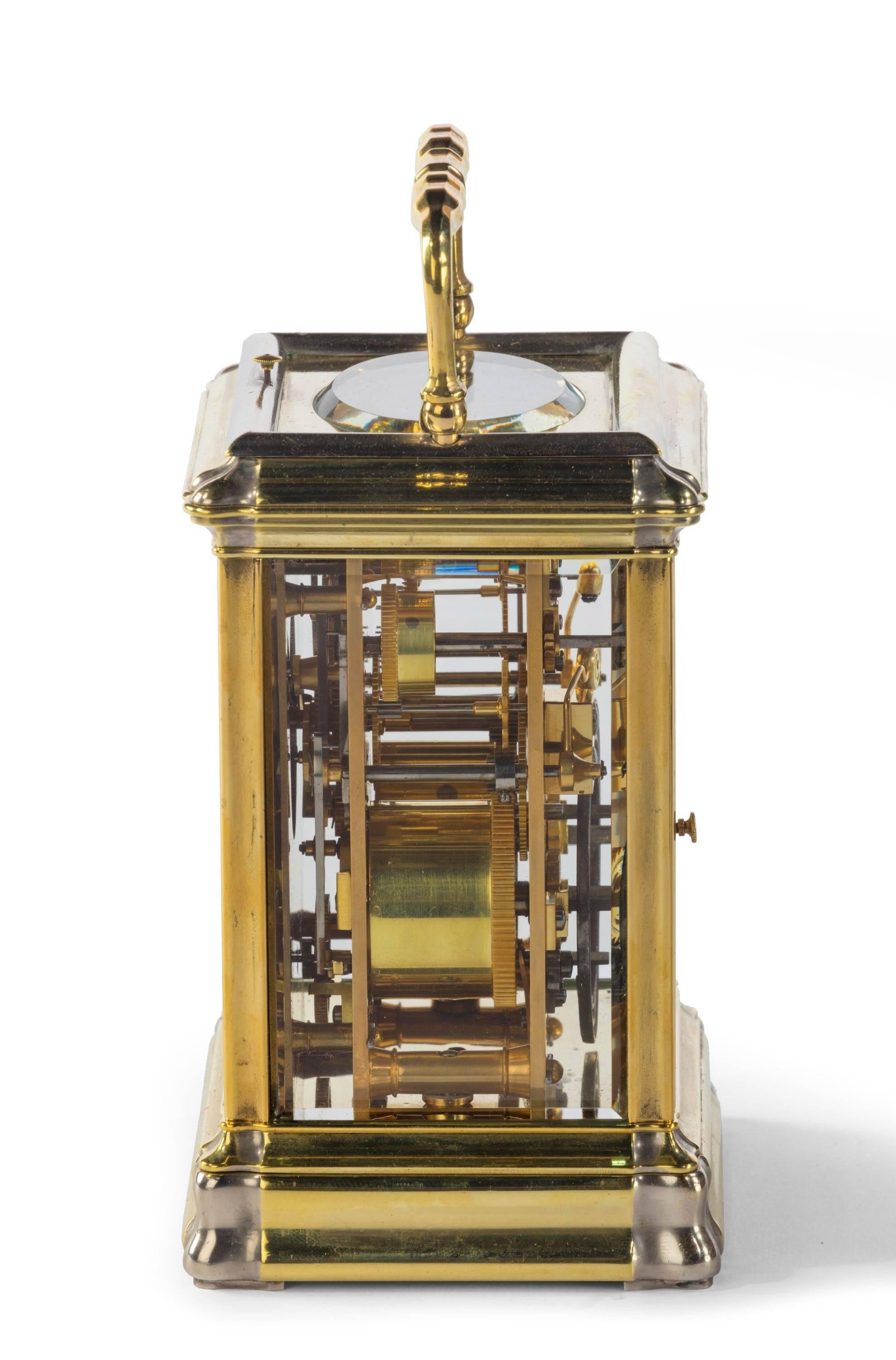 A French brass gorge cased carriage clock with push-button repeat, Blackie, London, late 19th century, the eight-day two-train gong striking movement with silvered platform lever escapement and stamped with serial number 146 to backplate, the
