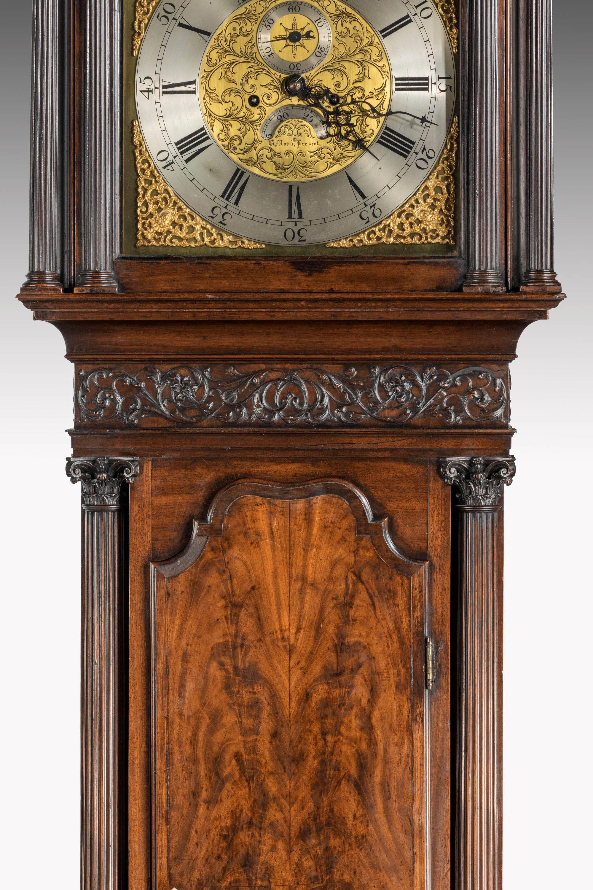 George III Period Carved Mahogany Longcase Clock by George Monk of Prescot In Excellent Condition In Peterborough, Northamptonshire