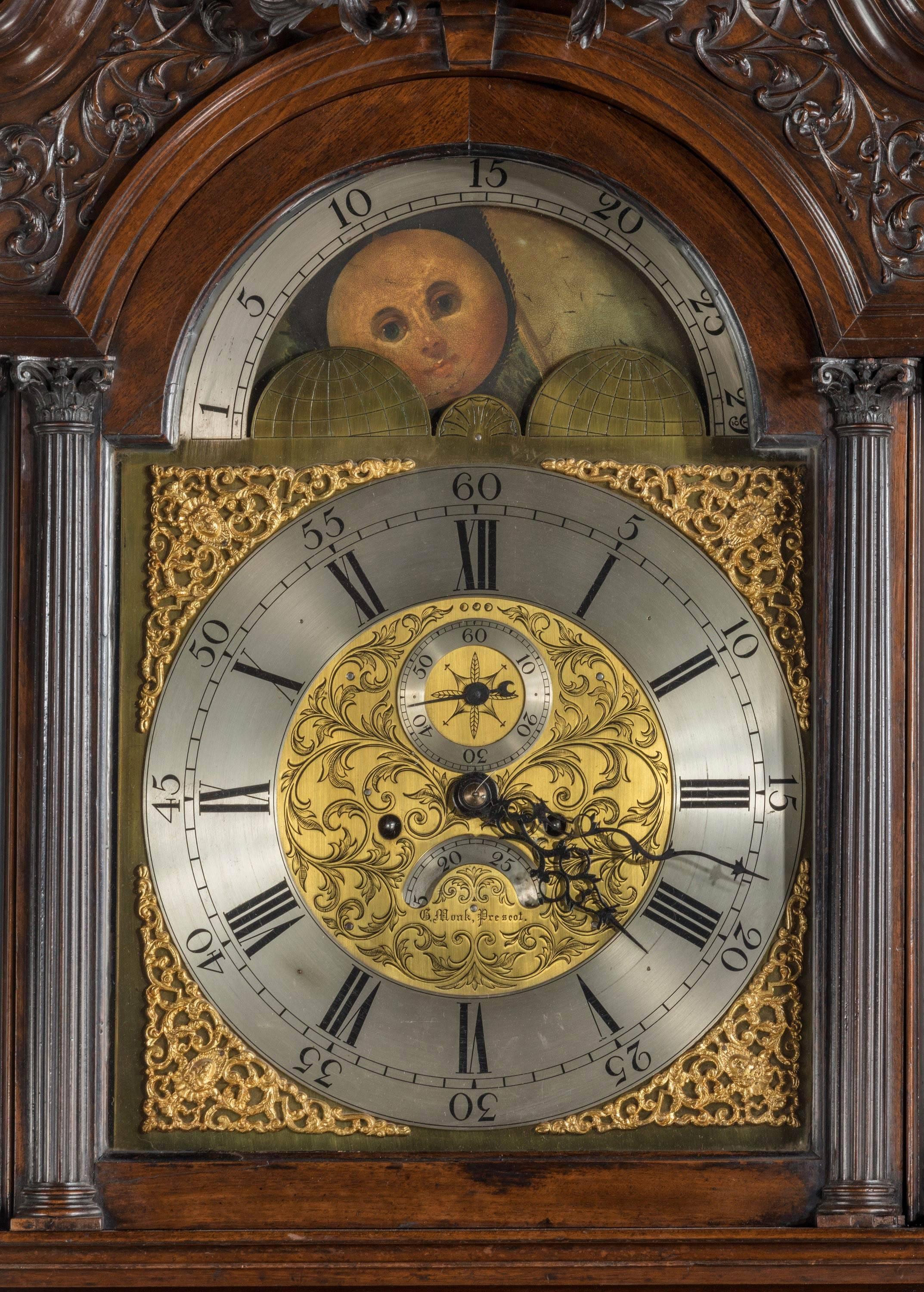 English George III Period Carved Mahogany Longcase Clock by George Monk of Prescot