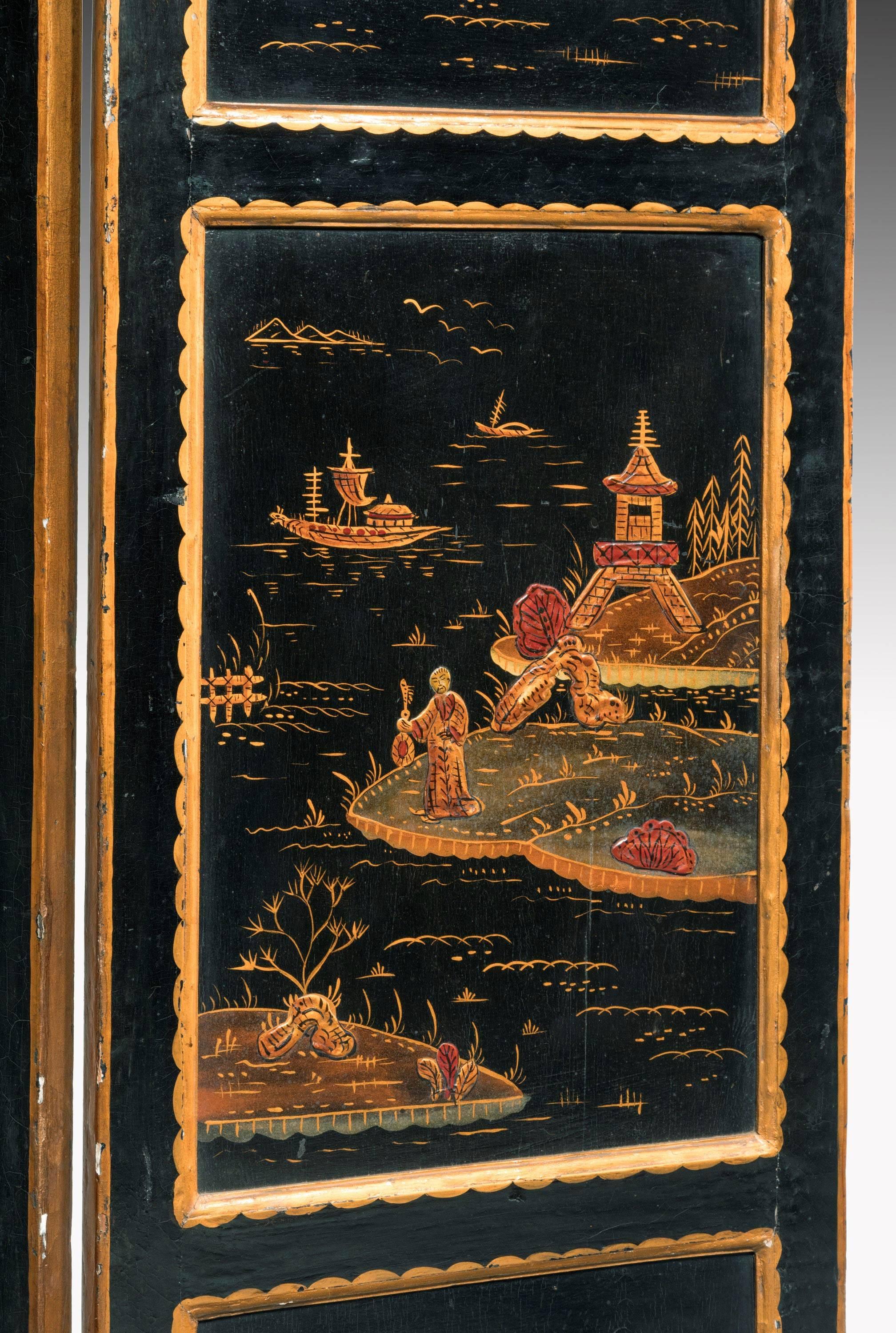 A very good quality Oriental four fold lacquered screen. Imagined islands and foliage to the front and the reverse with stylised foliage flowers. 

When closed the width 15.5 inches.