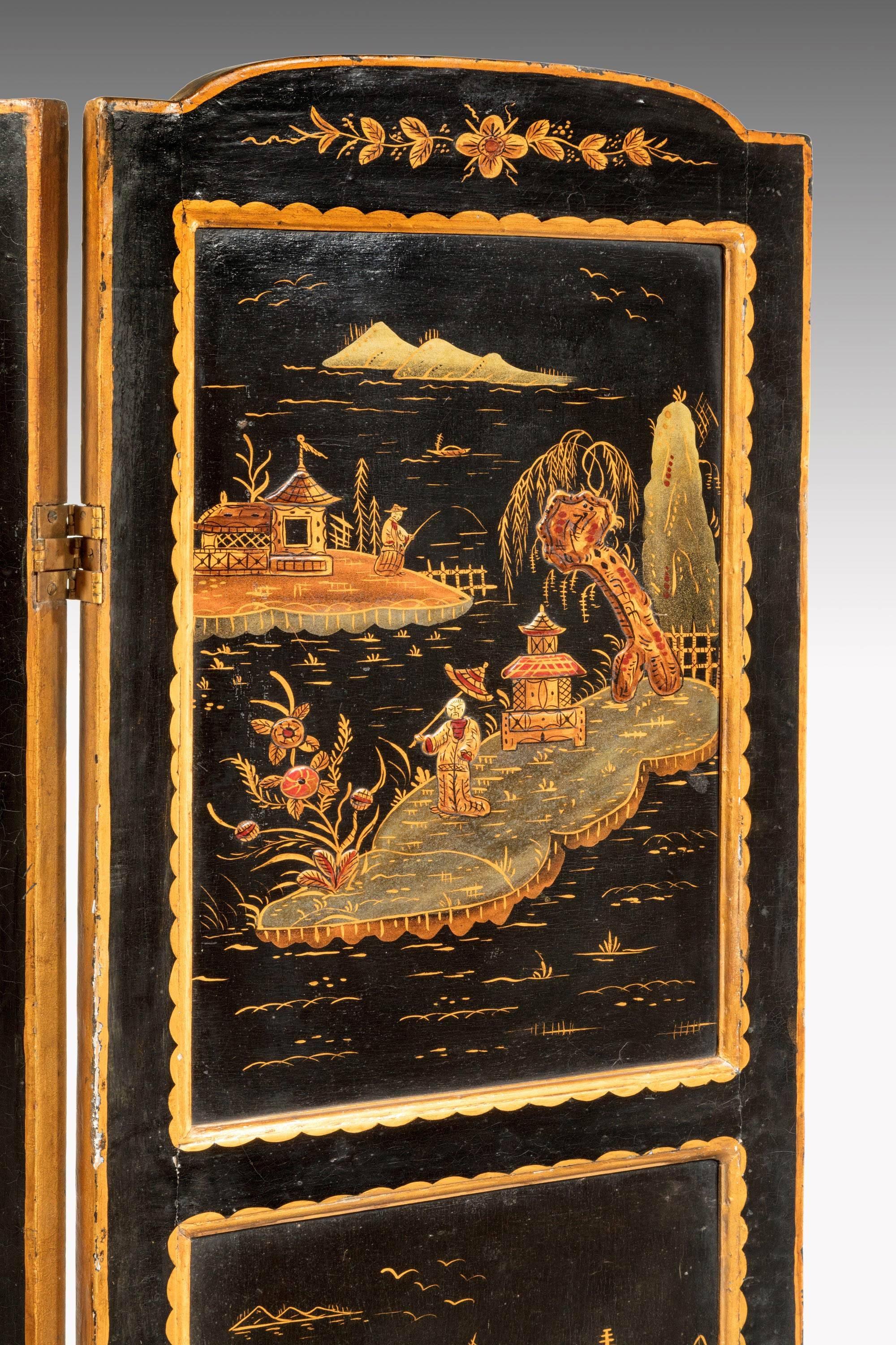Chinese Late 19th Century Oriental Four Fold Lacquered Screen