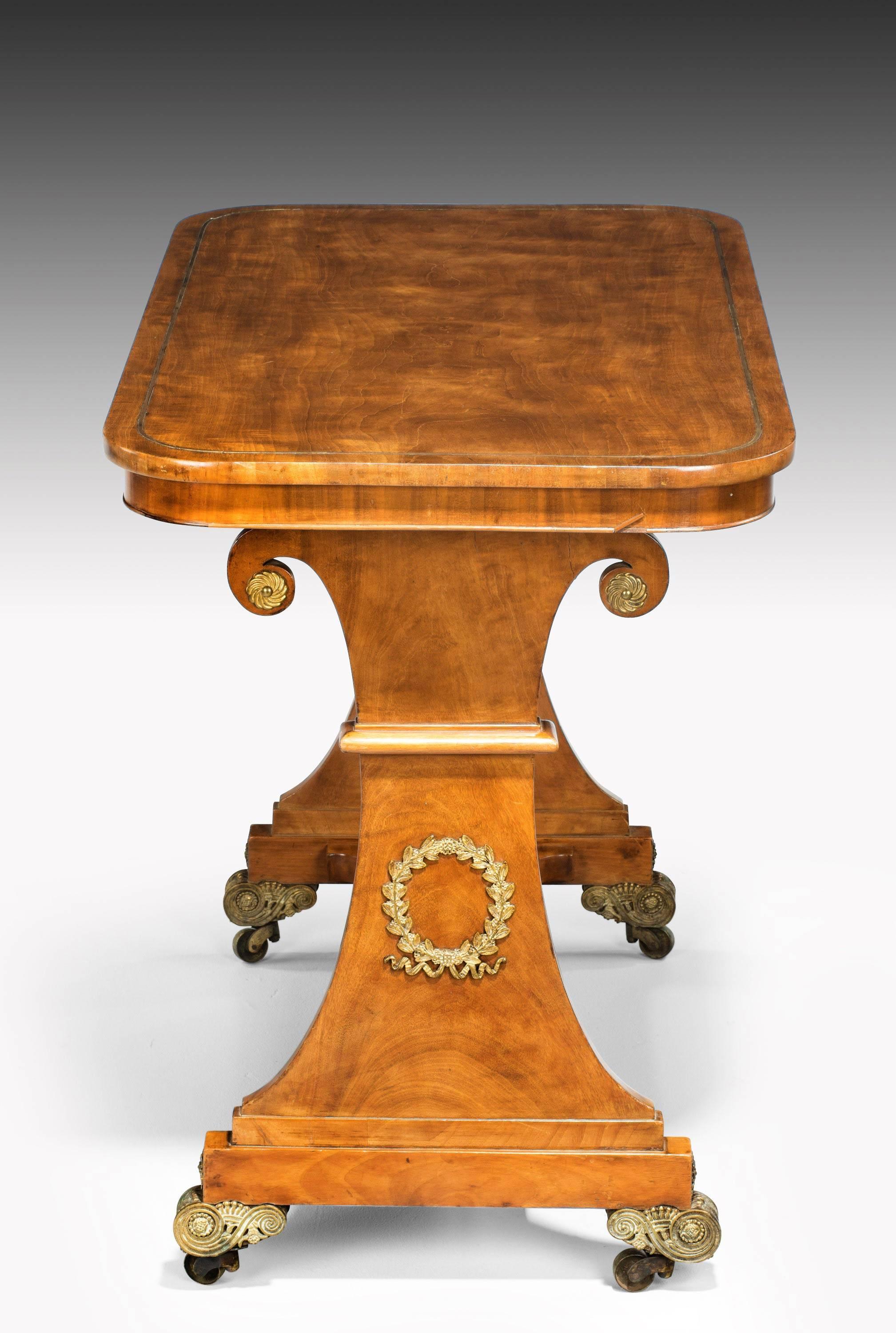 English Regency Period Satinwood End Support Table with Figured Ormolu Mounts