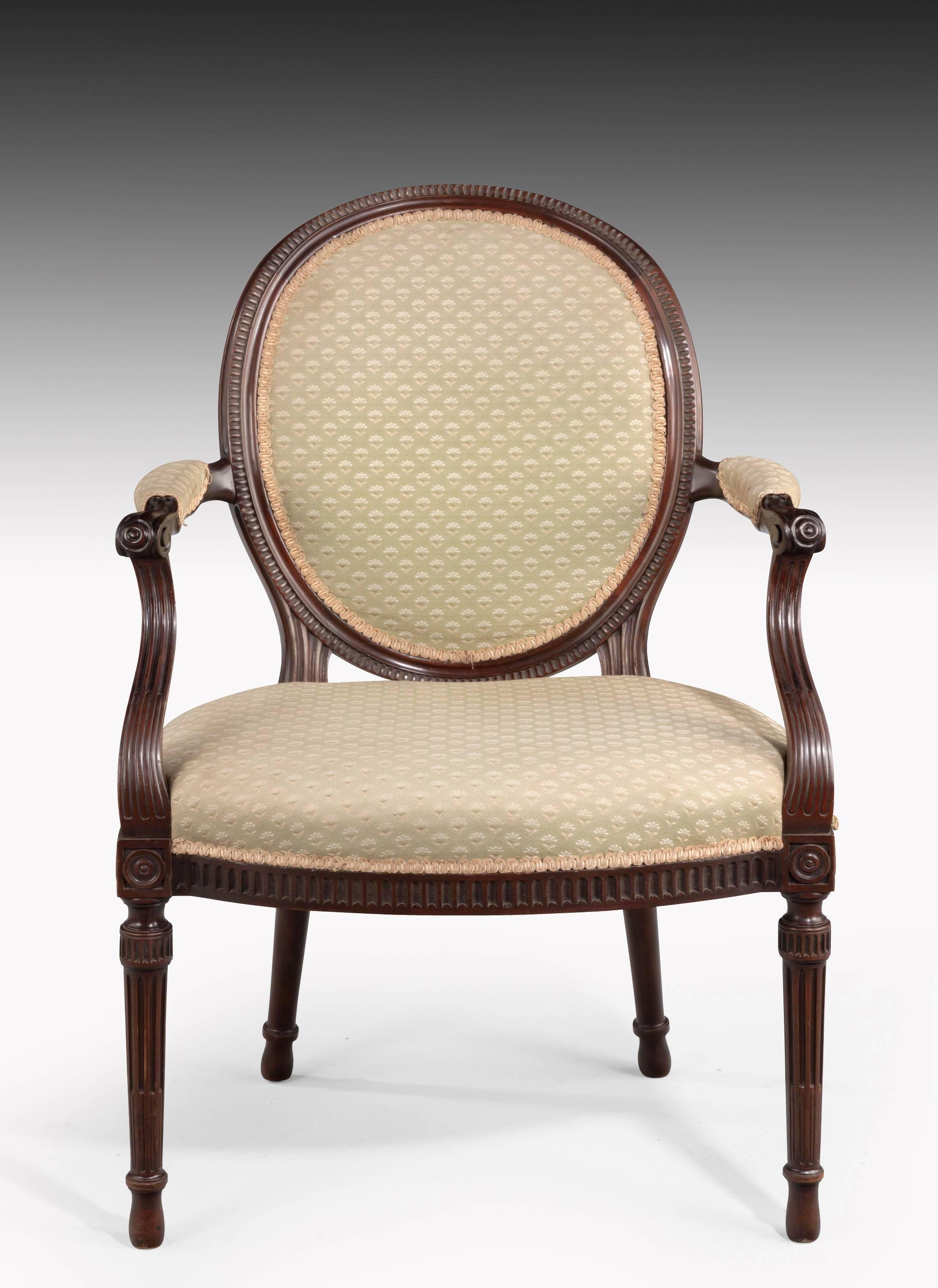 English Pair of George III Style Hepplewhite Elbow Chairs with Reeded Incised Decoration