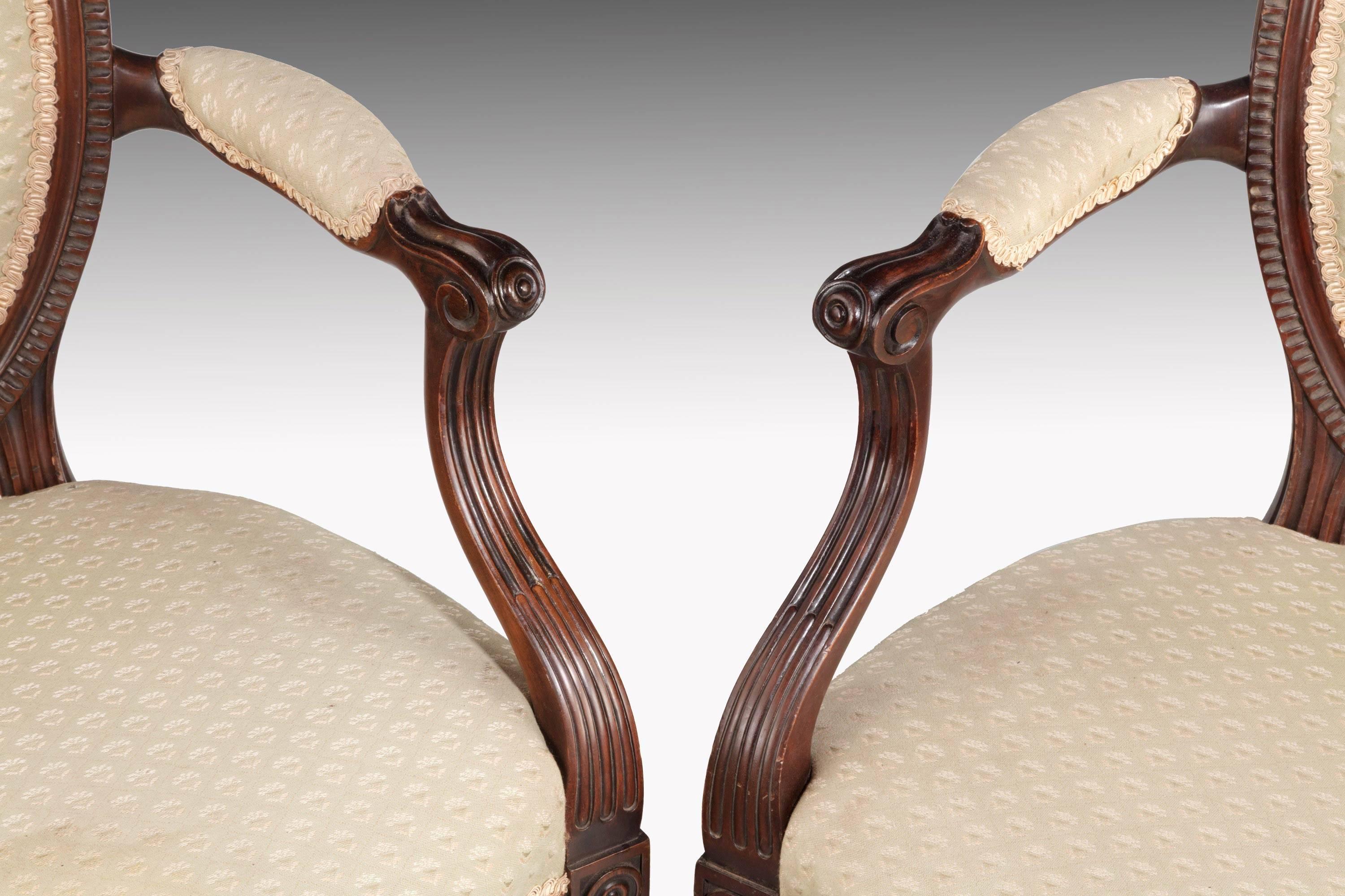 20th Century Pair of George III Style Hepplewhite Elbow Chairs with Reeded Incised Decoration