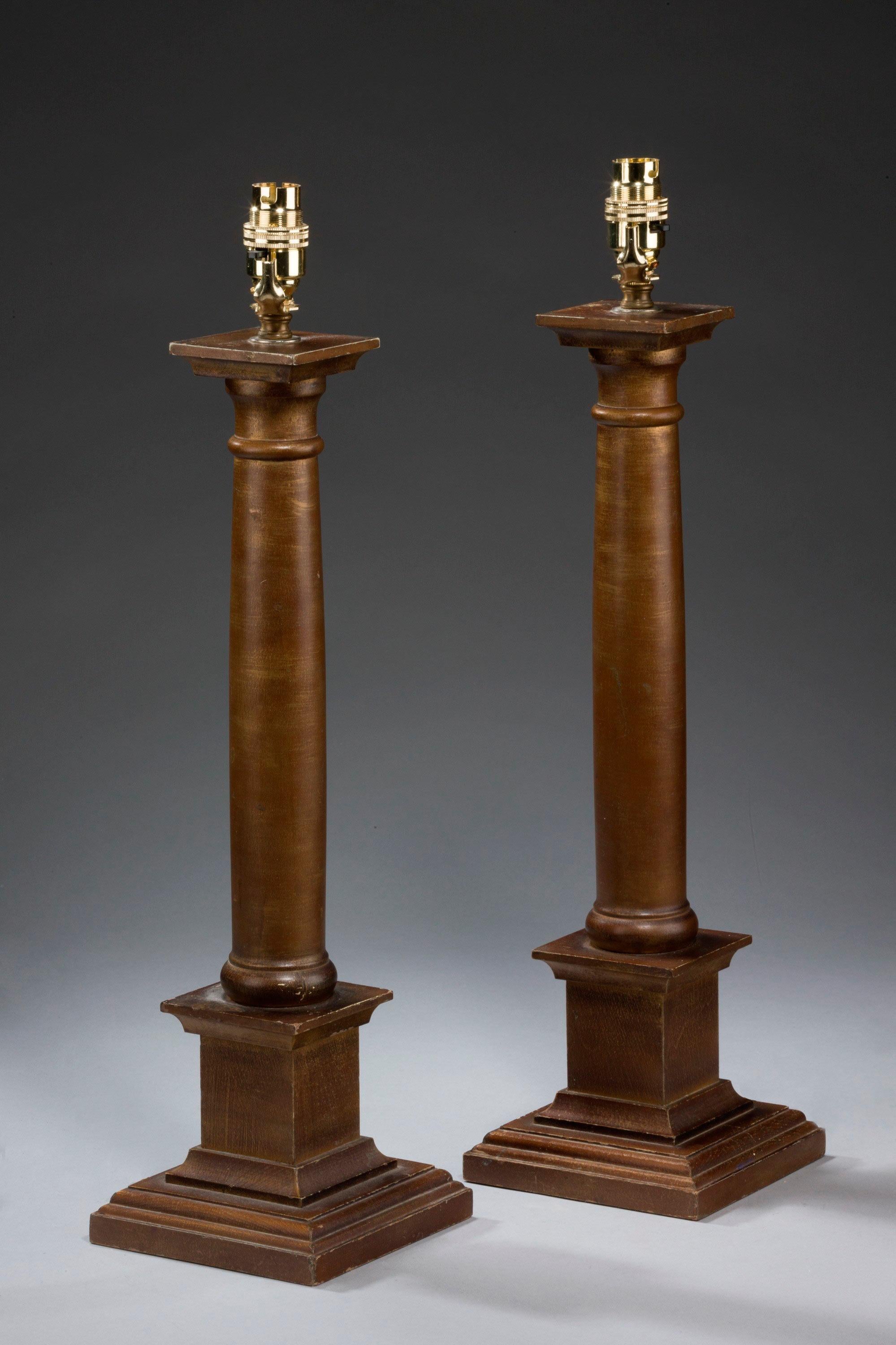 English Pair of Early 20th Century Carved Wood Column Lamps