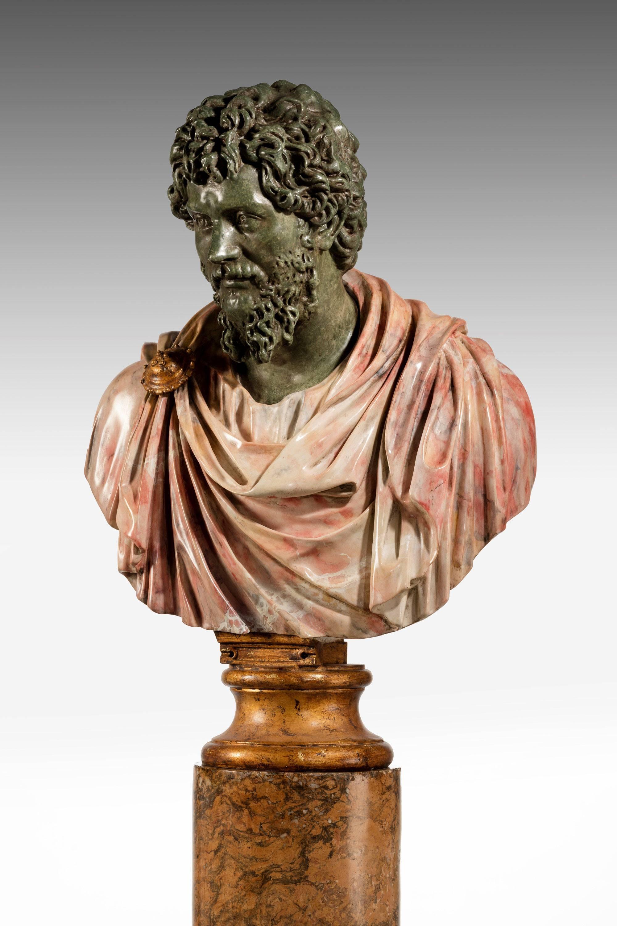 A copy of a Roman Emperor Septimus Severus (193 BC-211 BC).

Sold without pedestal.

Septimius Severus 11 April 145–4 February 211, also known as Severus, was Roman emperor from 193 to 211. Severus was born in Leptis Magna in the Roman province