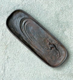 Late 19th C. Japanese Cast Iron Tray With Raised Frog And Rippling Water.