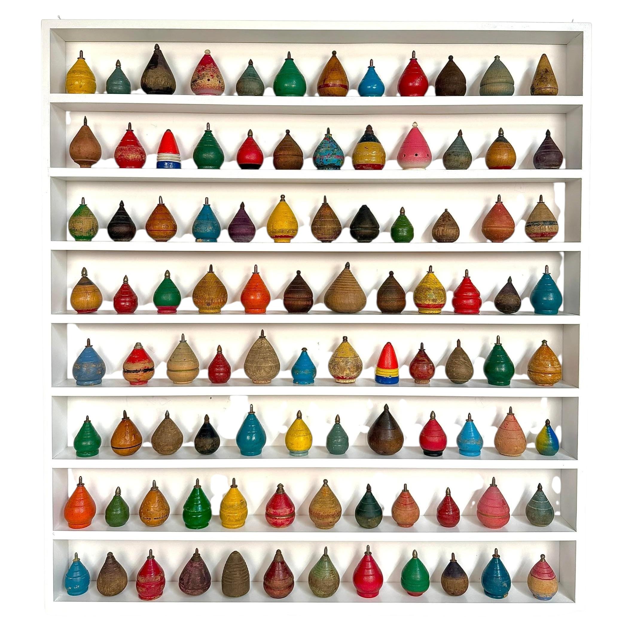 Wall Art Abstract Sculpture Antique Wooden Spinning Top Collection Display. For Sale