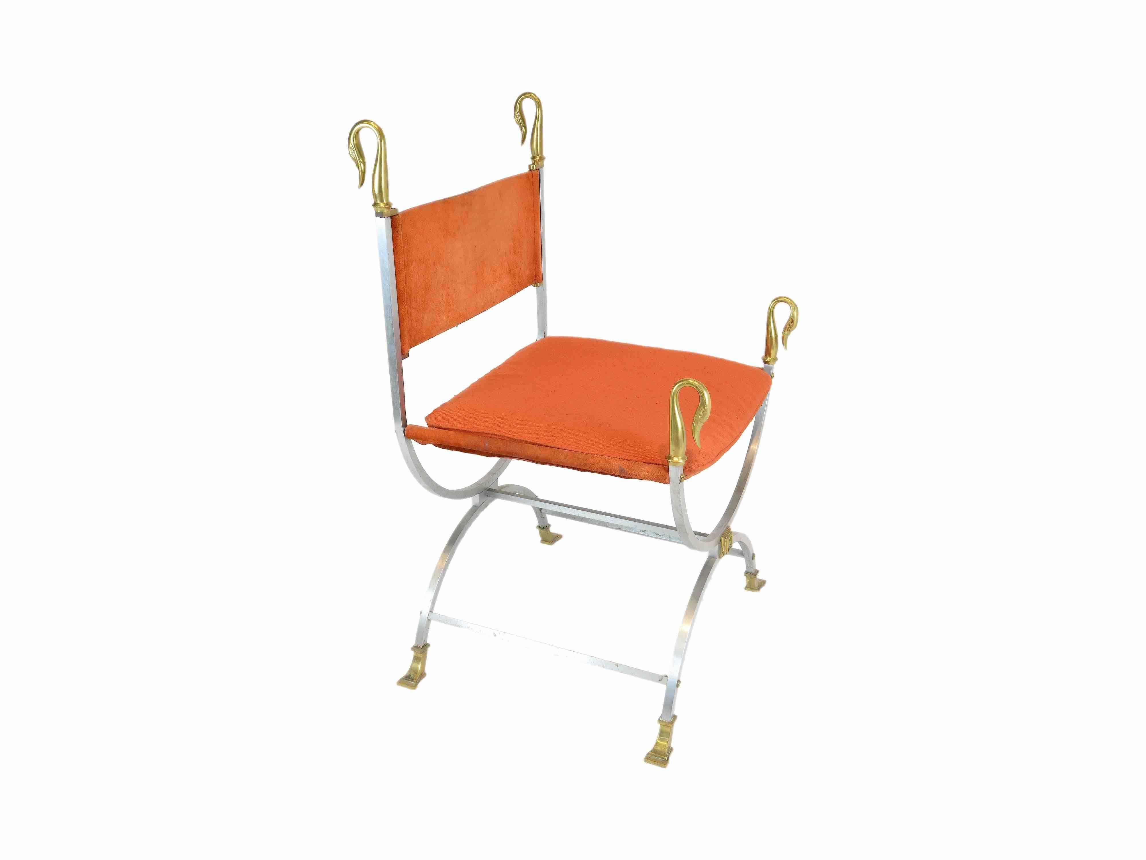 French Maison Jansen, Set of Eight Chairs in Orange Suede and Brass with Swan Details For Sale