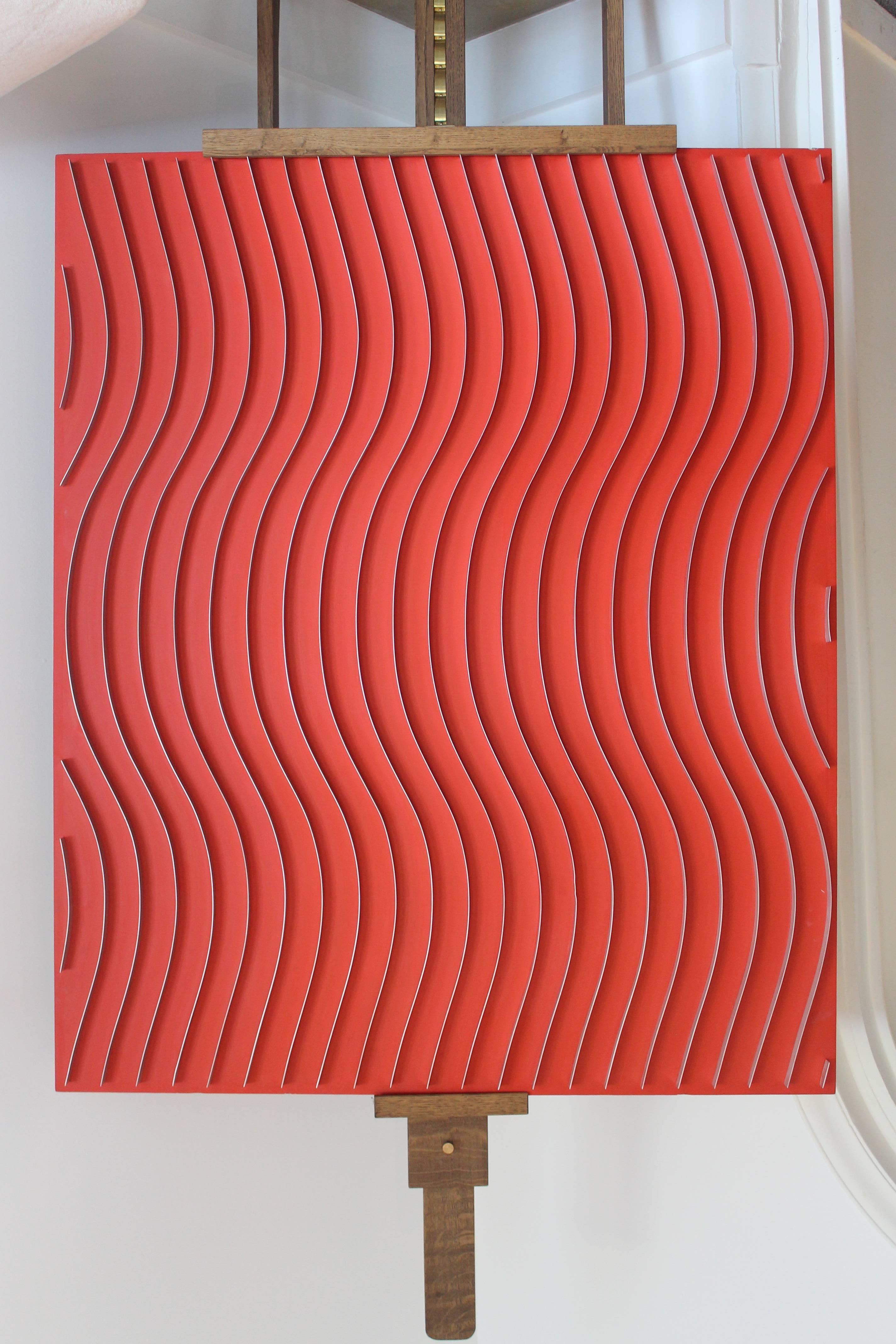 Marc Cavell (1911-1989).
Red sinuzoi¨de or sculpted-painting.
Steel blades on a red painted wood.

Signed on the reverse.
France, 1974.
Measures: H 124 cm, W 103 cm, D 5 cm.
 