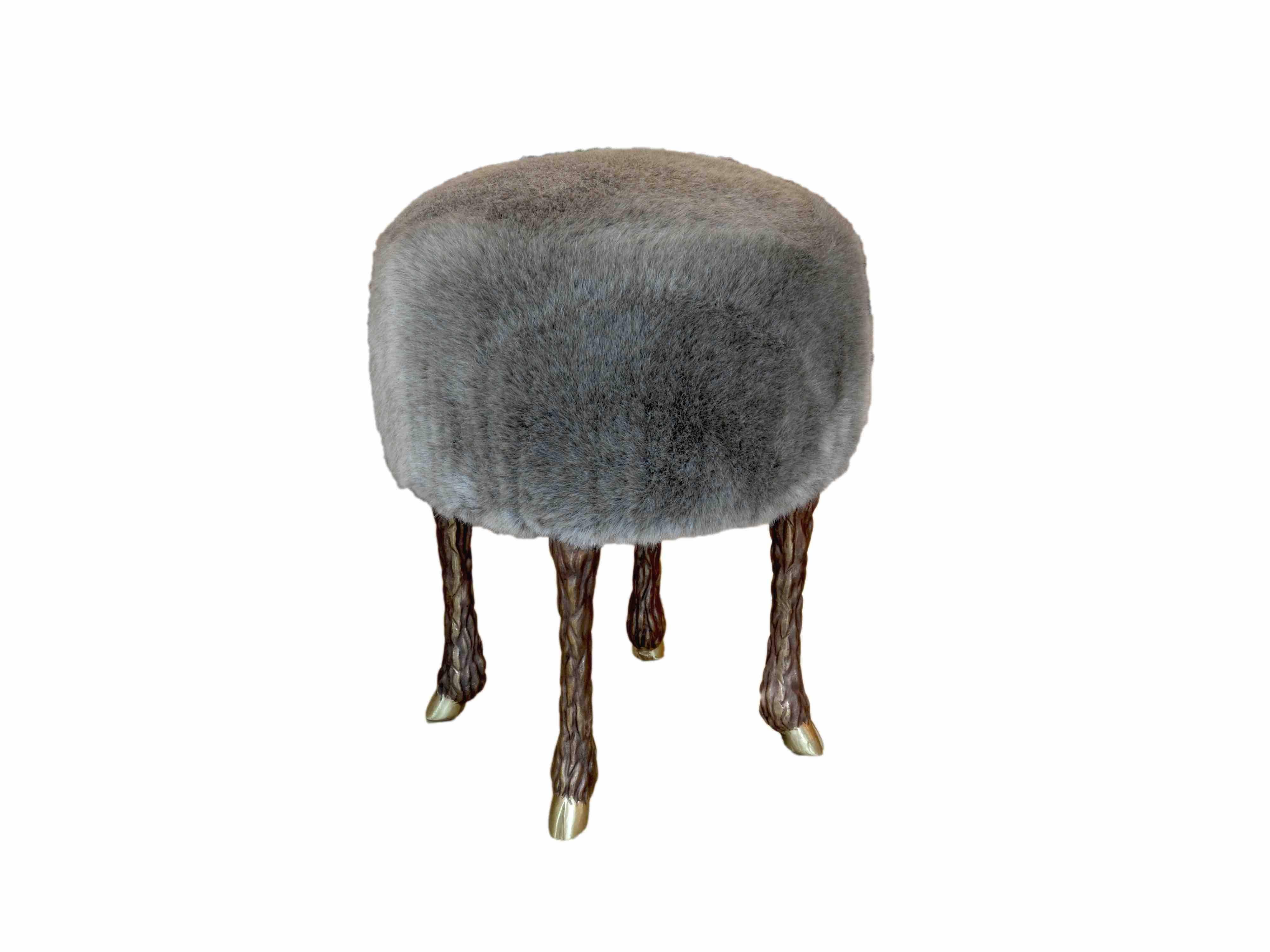 Marc Bankowsky Pair of "Pieds de bouc" Stools Eco-fur, patinated bronze feet H 53 cm; D 40 cm. Signed France, 2016.