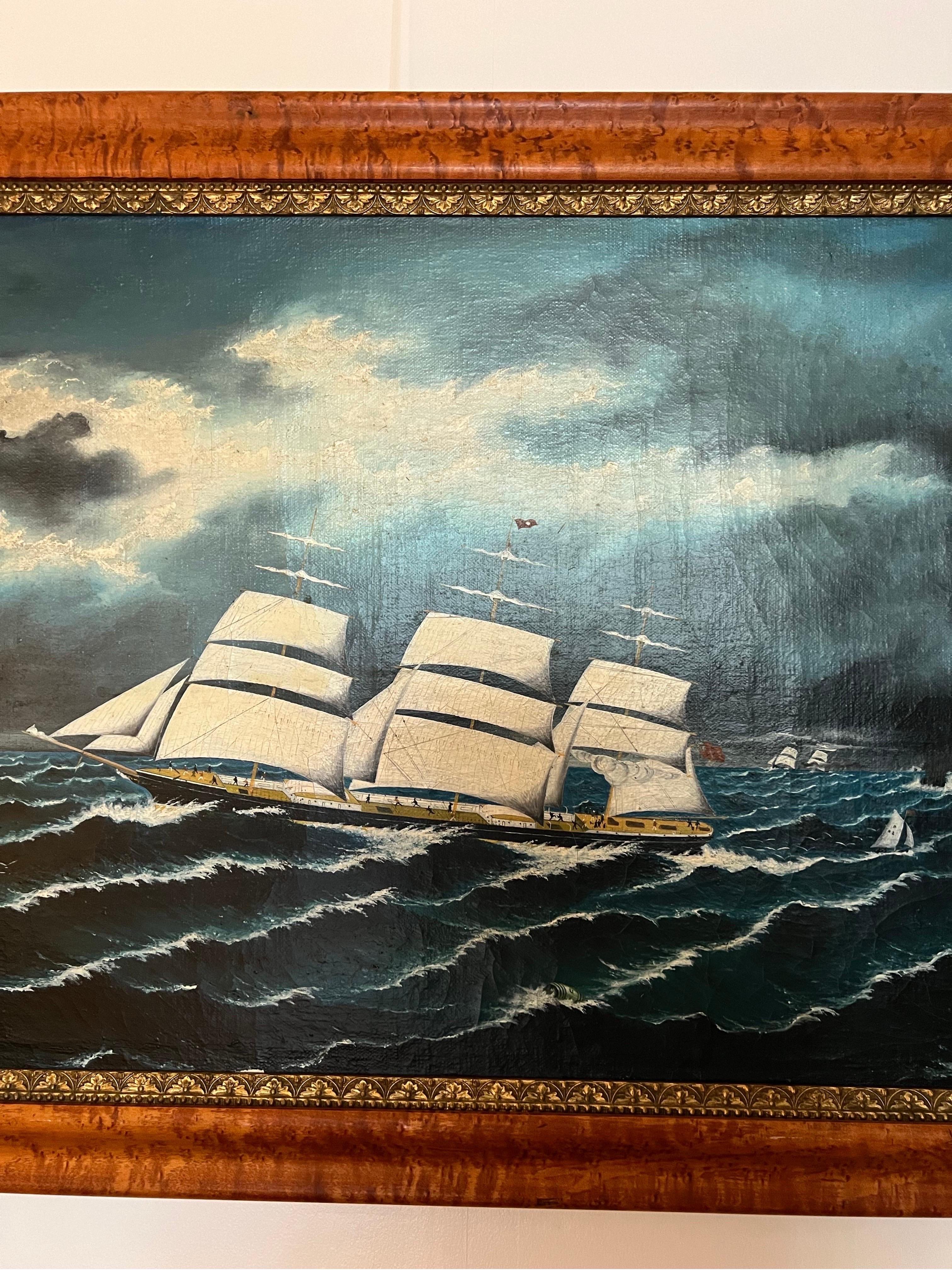 19th Century 19th-Century Maritime Oil Painting of a Clipper Ship in Burled Wood & Gilt Frame For Sale