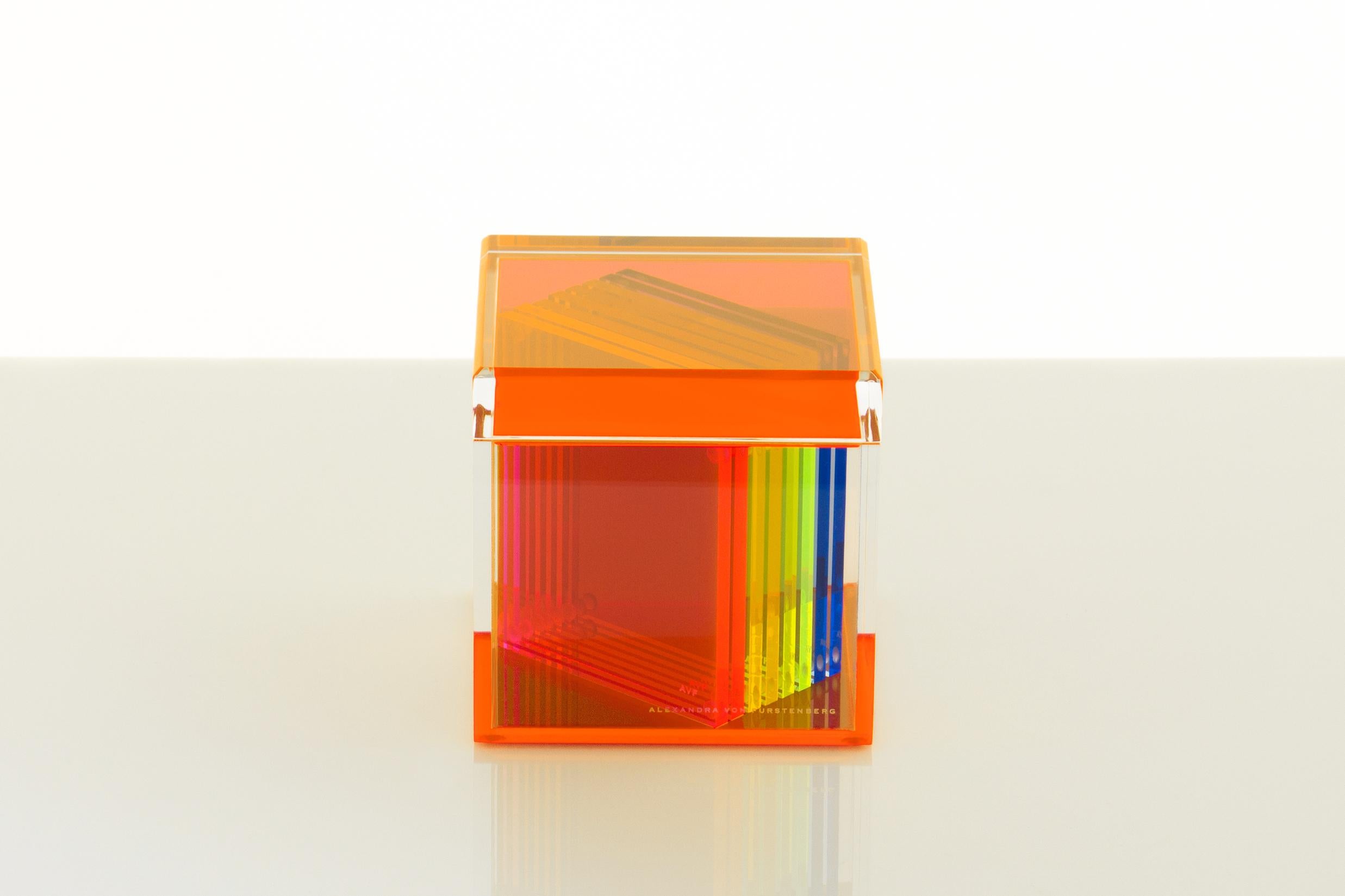 Modern Acrylic Cubic Box in Orange by Designer Alexandra Von Furstenberg For Sale