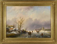 "Frozen River" Painting by Jan Jacob Spohler, 19th Century Winter Scene