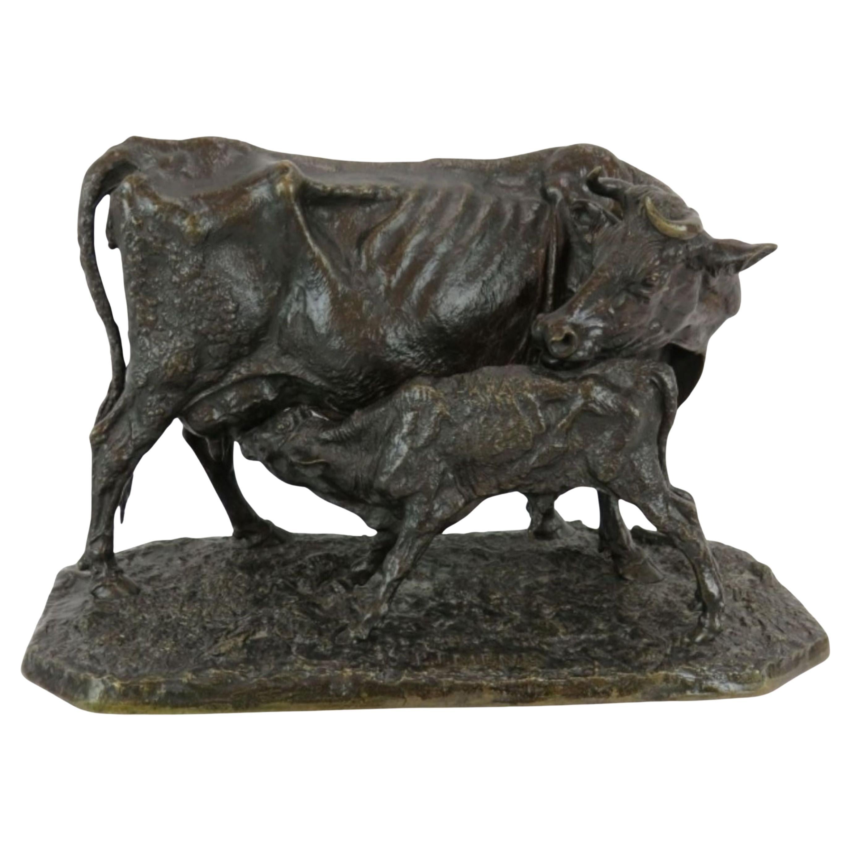Mucca e vitello in bronzo del XIX secolo, dopo P & A. Mene