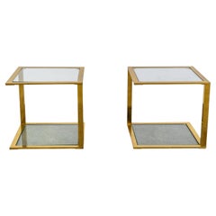 Pair of Cantilevered Brass and Glass Side Tables