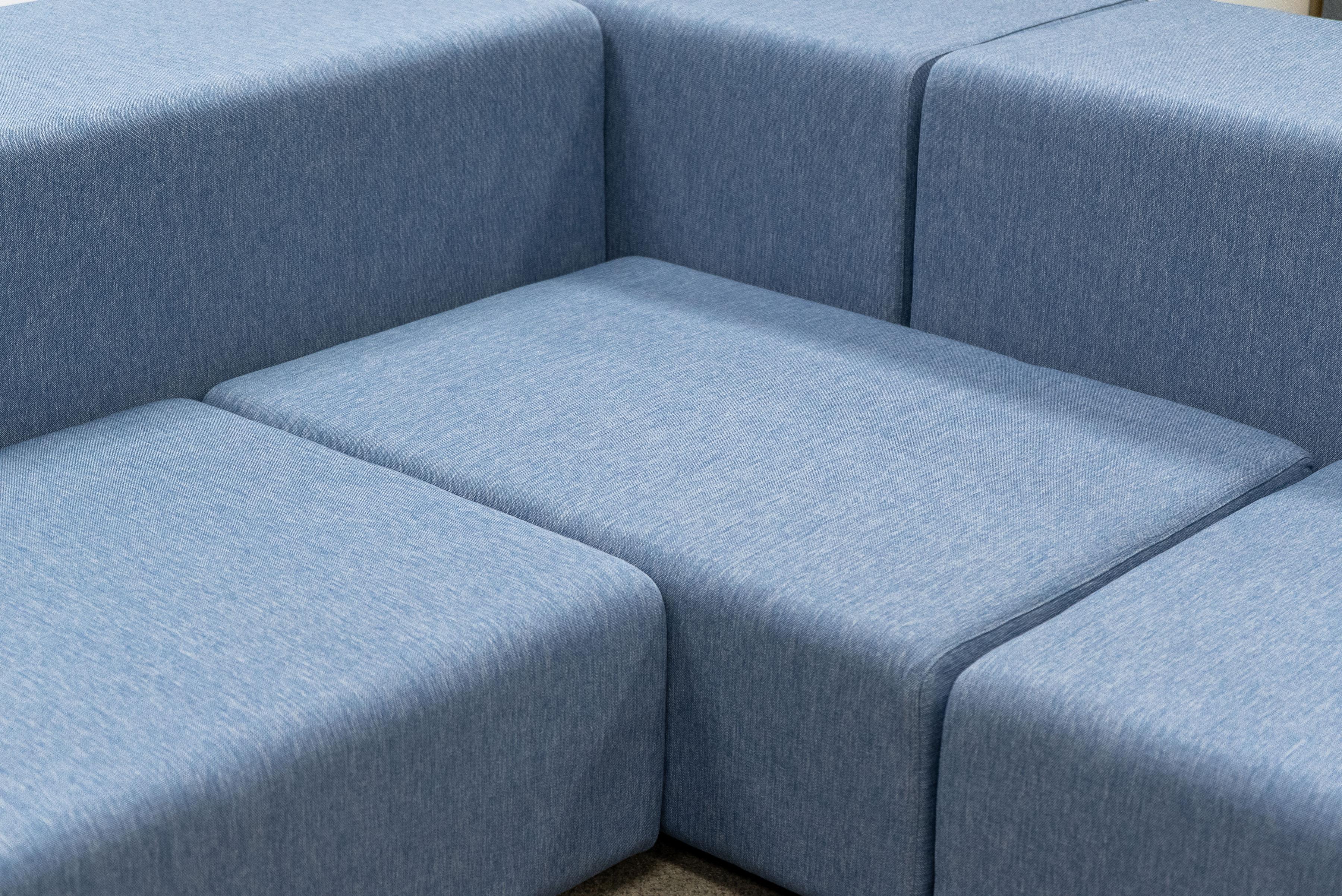 Living Divani flexible modular outdoor sofa and daybed custom upholstered in a Schumacher Outdoor Denim fabric. Can be arranged in a variety of ways to create whatever shape you desire - dimensions listed are of the configuration shown in the