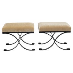 Paire d'ottomanes vintage en mohair et fer