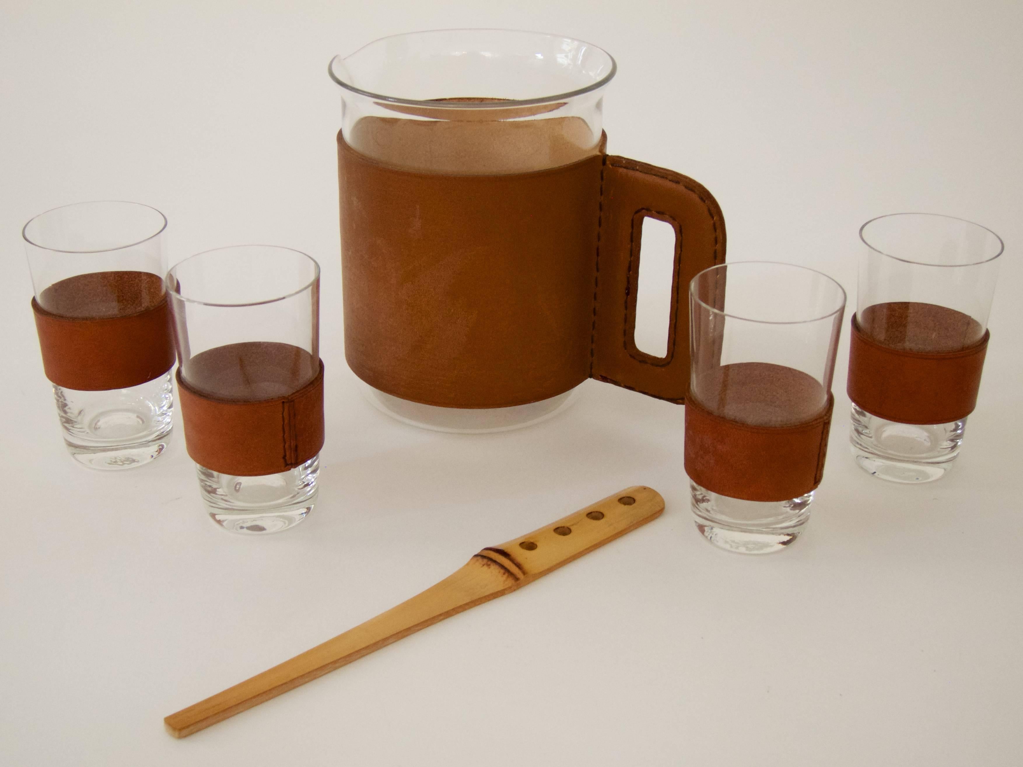 Austrian Pitcher with Four Glasses and a Bamboo Muddler