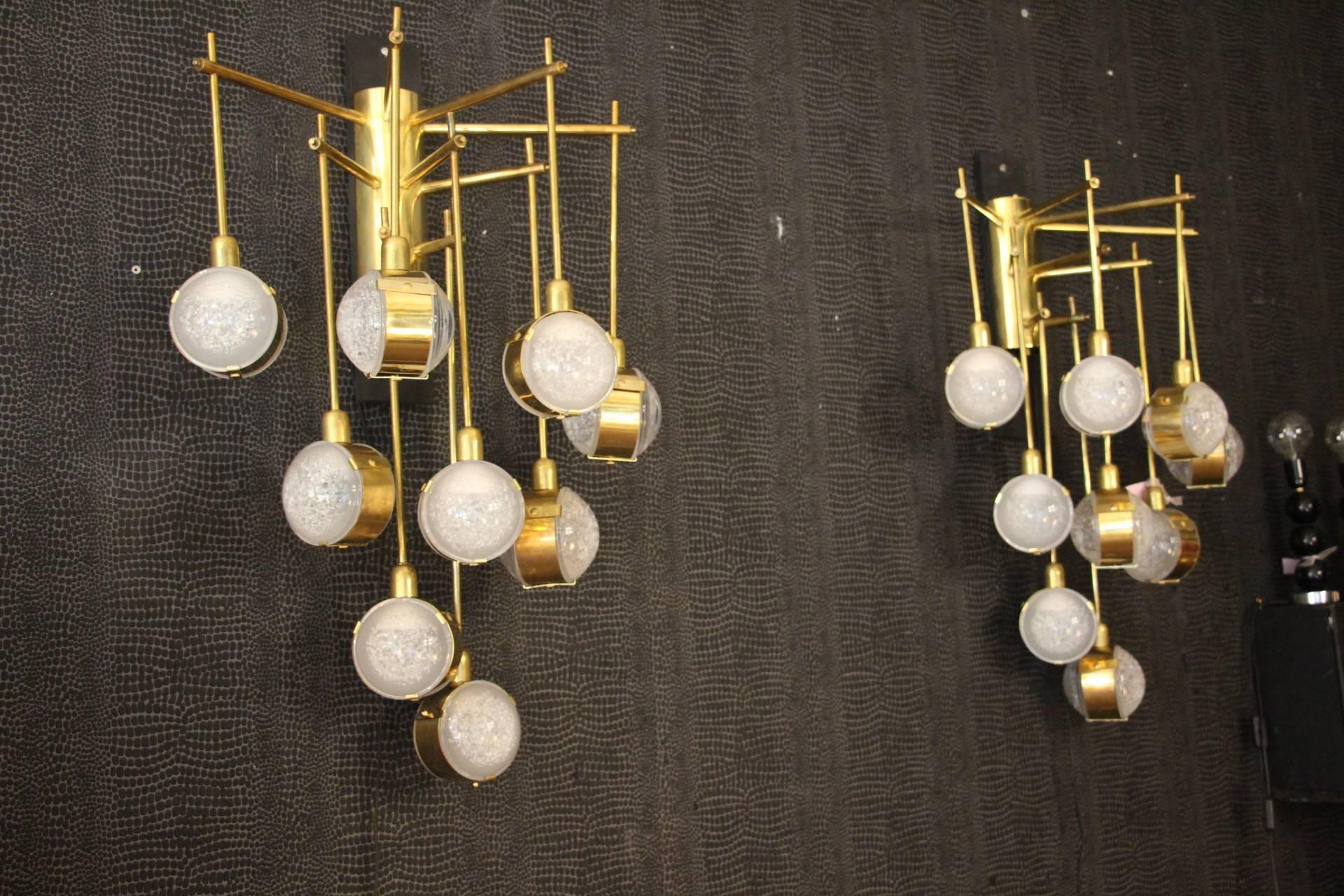 Late 20th Century Italian Modern Mid-Century Long Pair of Brass and Glass Sconces