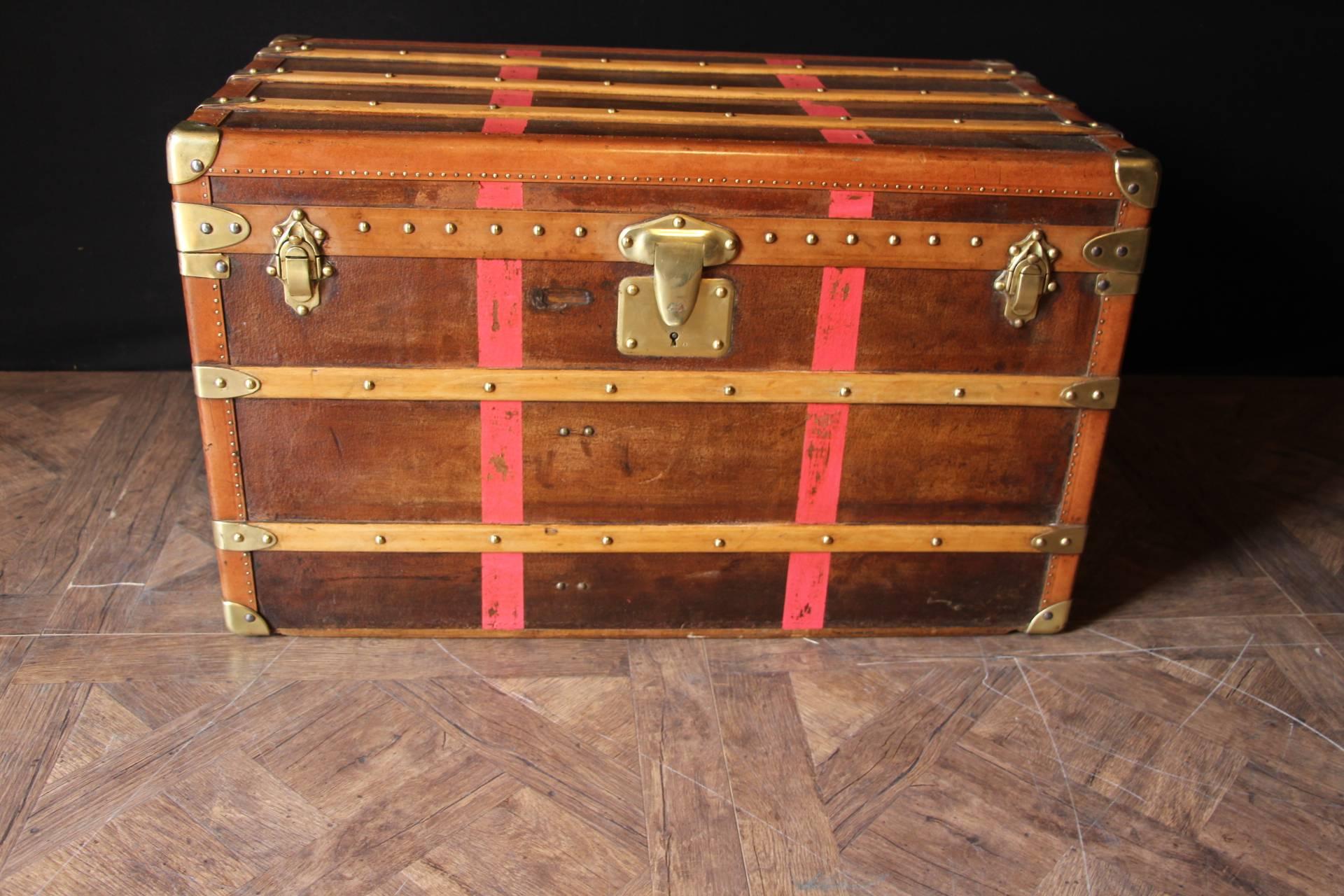 1920s Moynat Brown and Red Stripes Canvas French Steamer Trunk 1