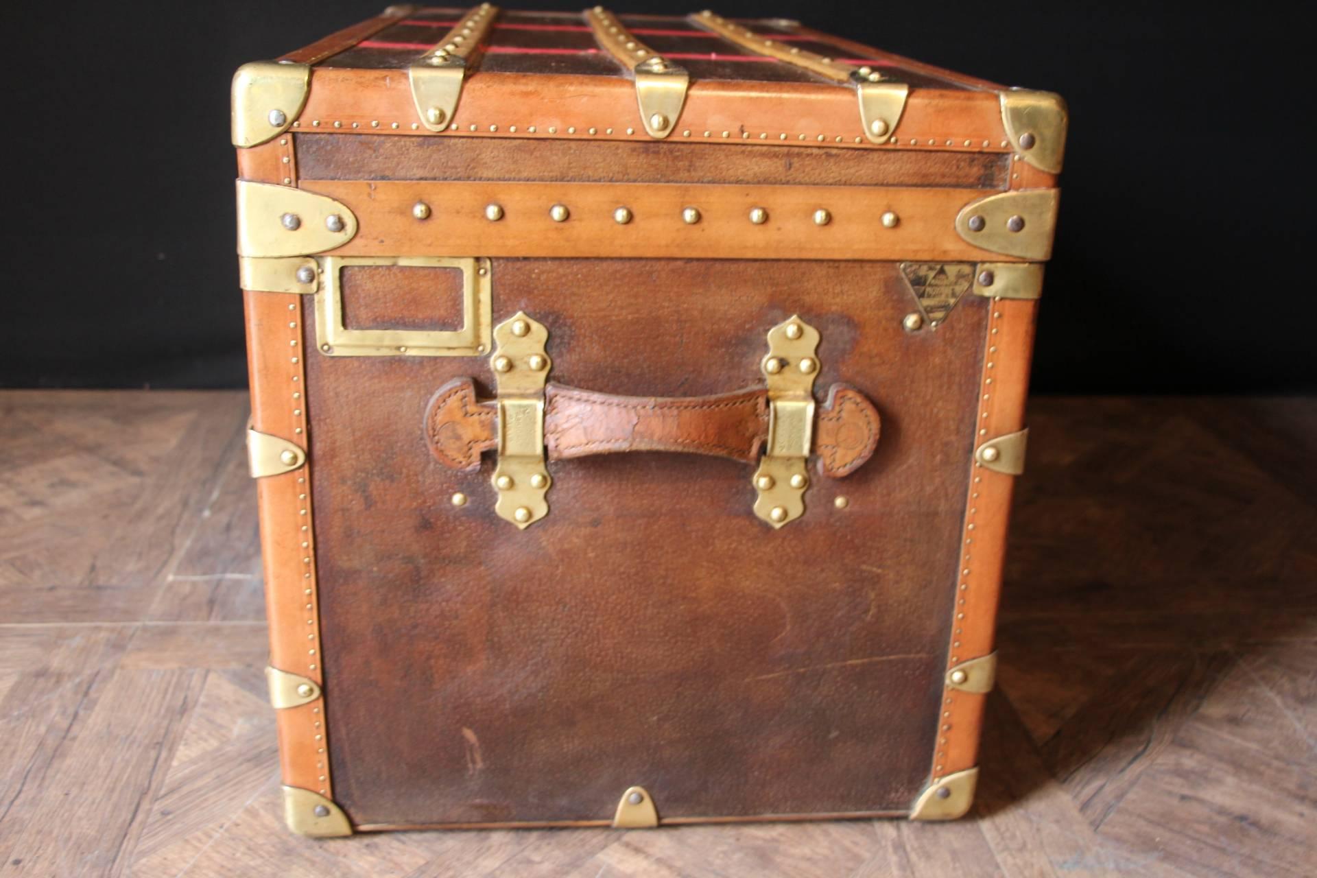 1920s Moynat Brown and Red Stripes Canvas French Steamer Trunk 2