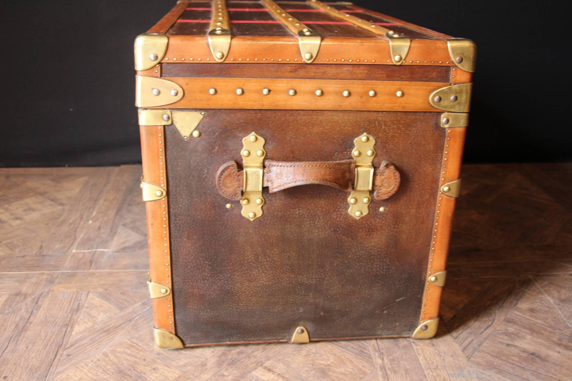 1920s Moynat Brown and Red Stripes Canvas French Steamer Trunk 3