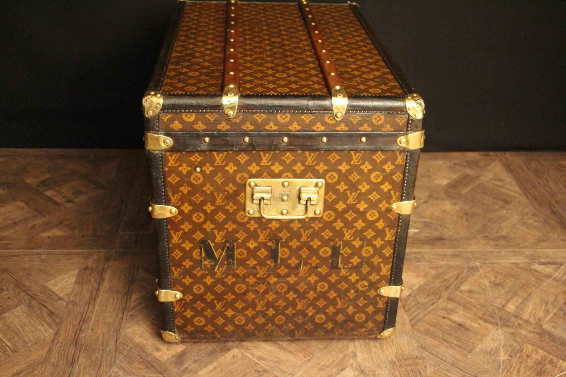This beautiful and rare courrier trunk by Louis Vuitton features stenciled monogram canvas, with leather trim, brass corners, brass handles and has a remarkable patina.
Its interior is all original too. It could easily be used for storage or as a