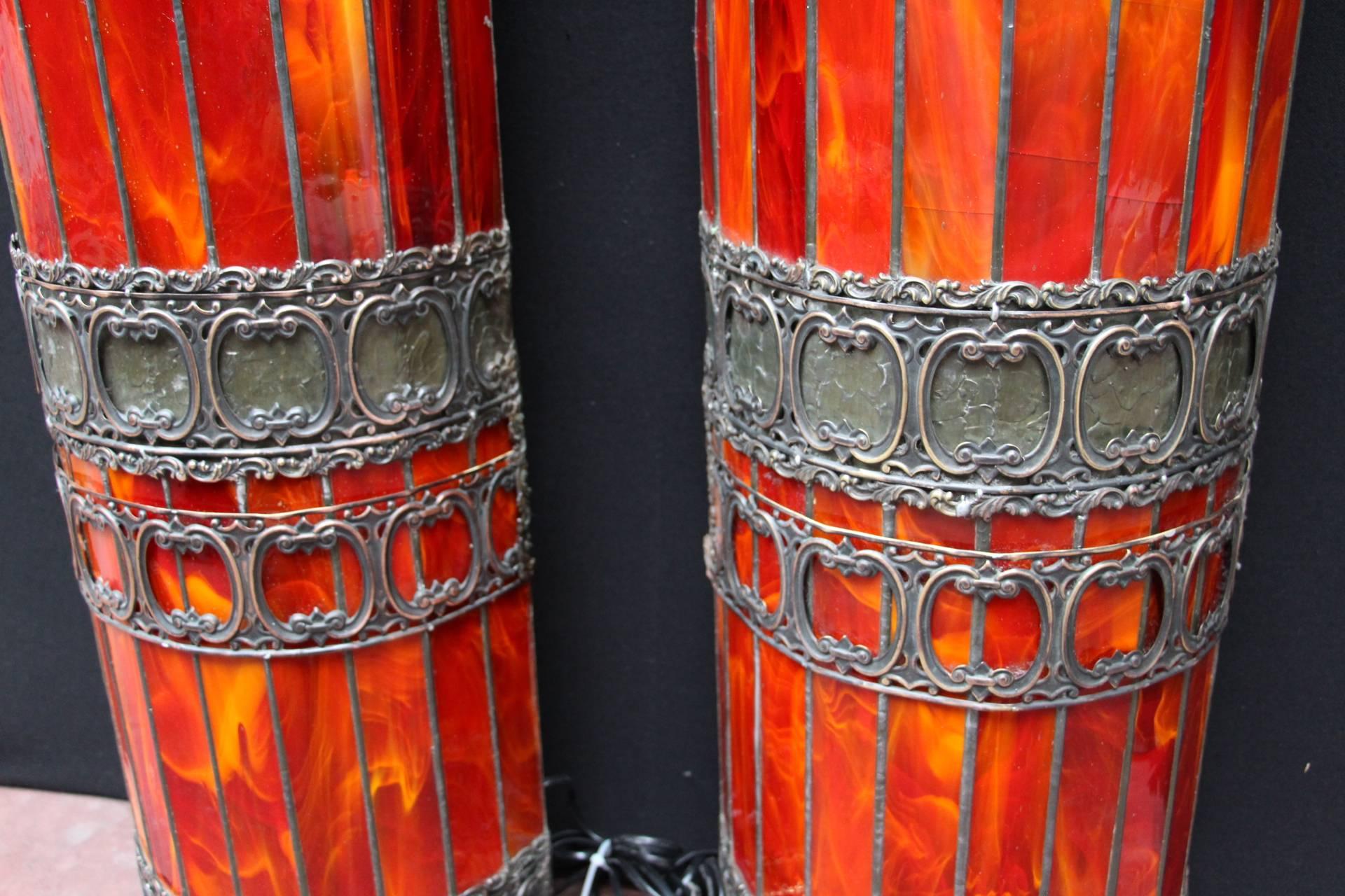 Pair of Tall Red Glass Sconces in Tiffany Studios Style In Good Condition In Saint-Ouen, FR