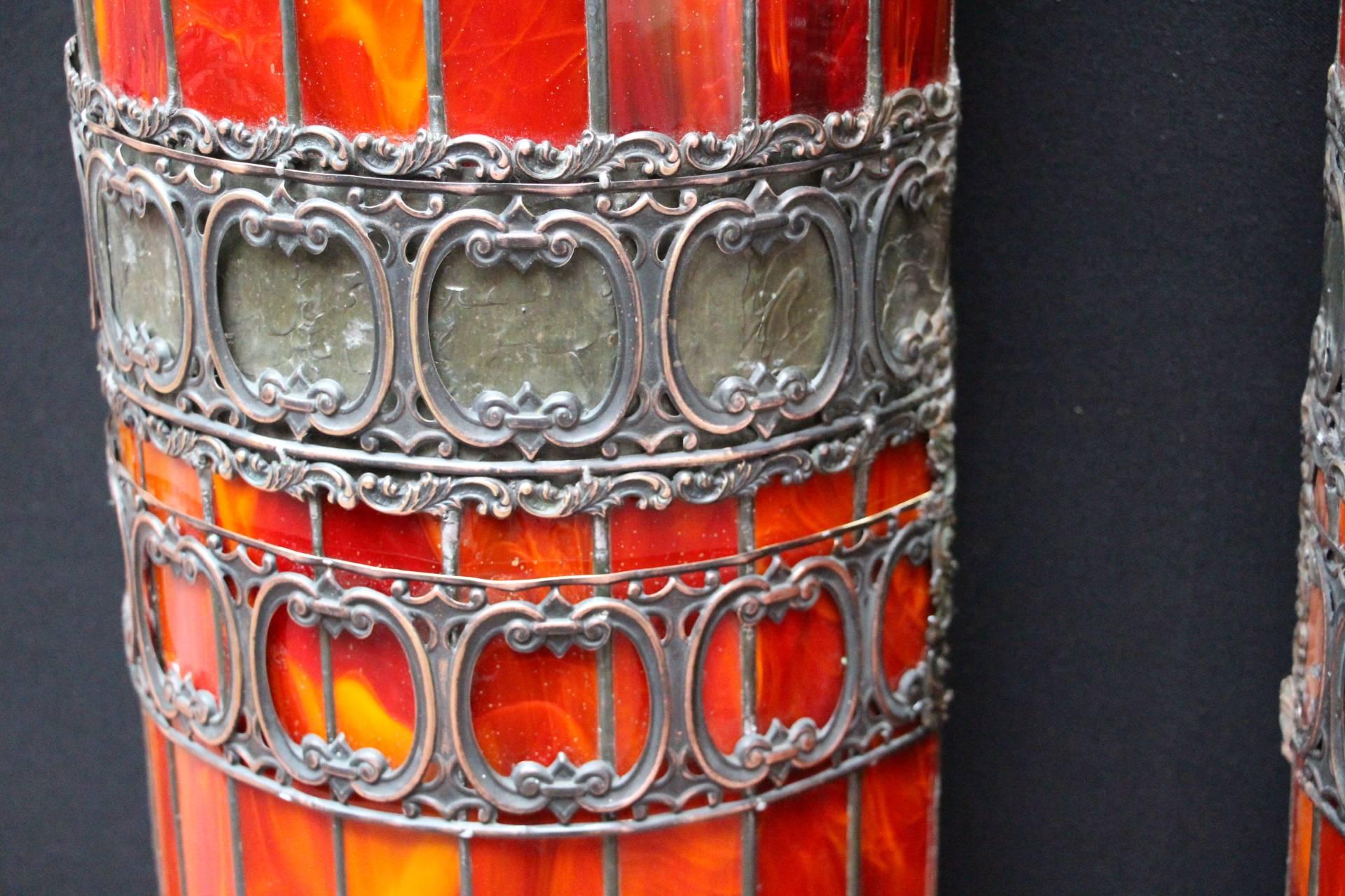 Early 20th Century Pair of Tall Red Glass Sconces in Tiffany Studios Style