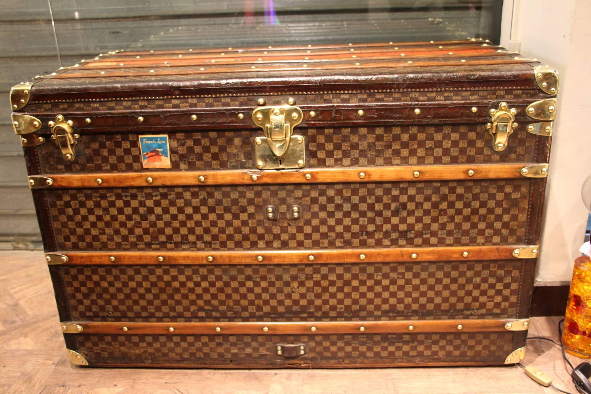 French 1890s Extra Large Louis Vuitton Checkers Monogram Steamer Trunk, Leather Trim
