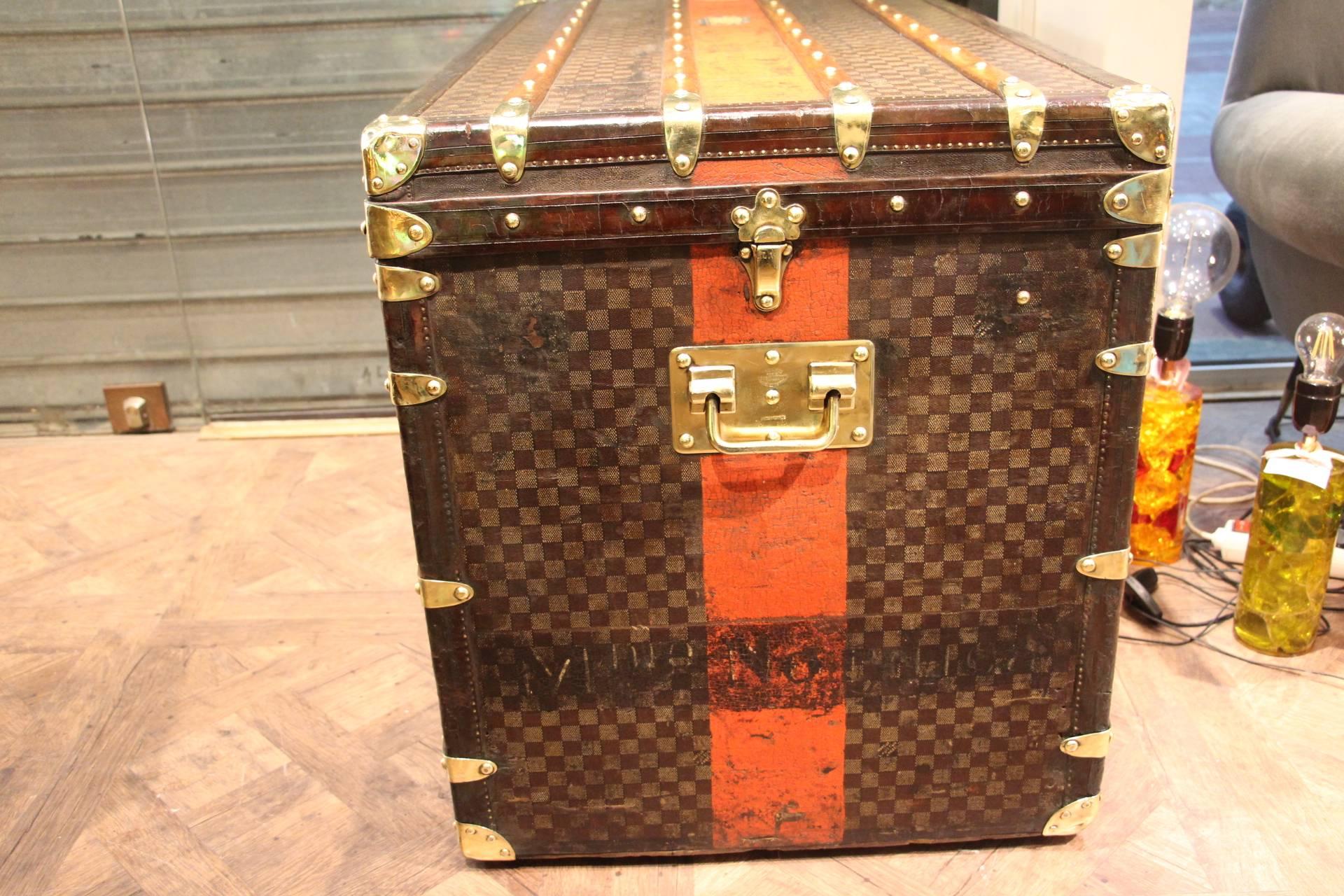 1890s Extra Large Louis Vuitton Checkers Monogram Steamer Trunk, Leather Trim In Excellent Condition In Saint-Ouen, FR