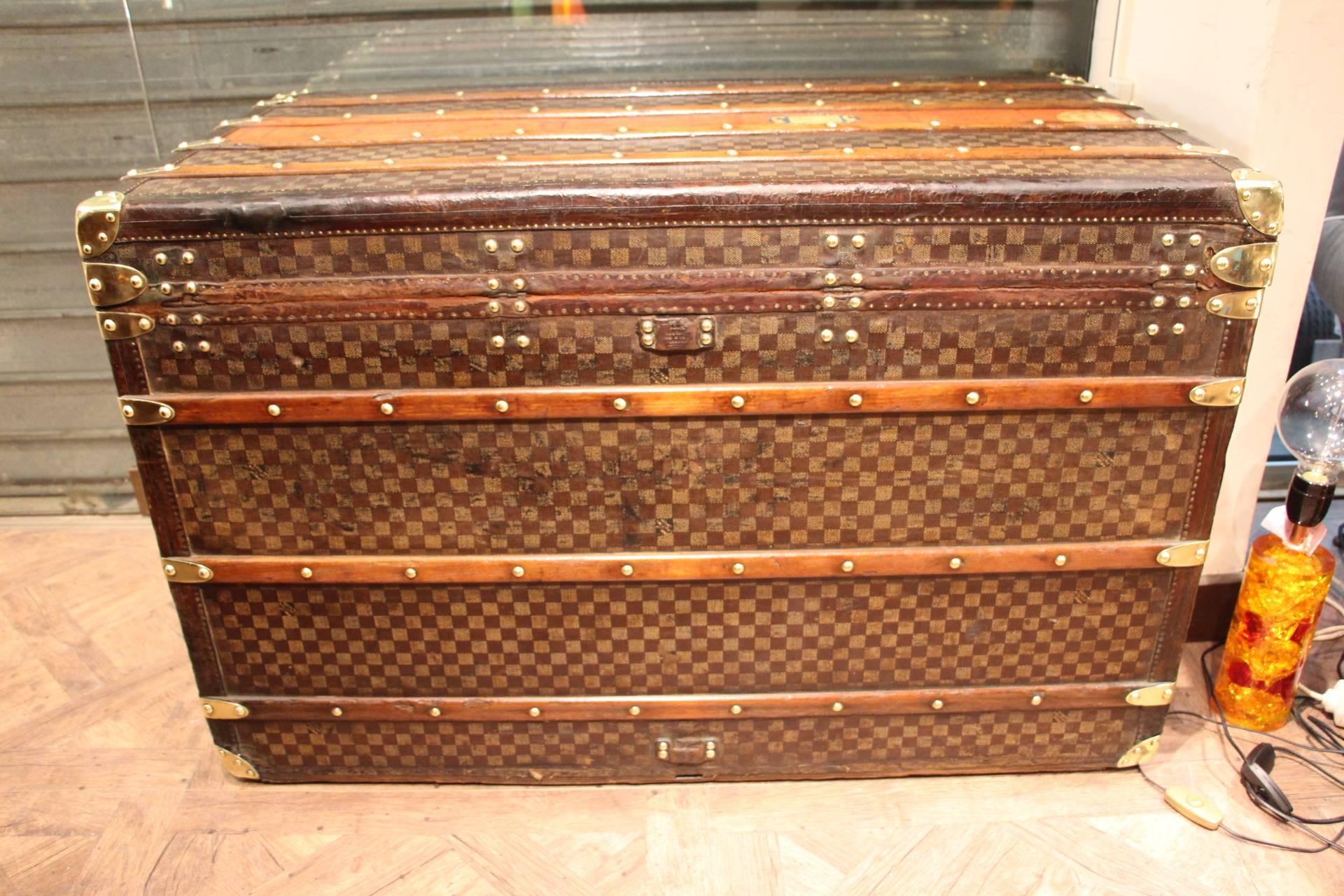 Late 19th Century 1890s Extra Large Louis Vuitton Checkers Monogram Steamer Trunk, Leather Trim