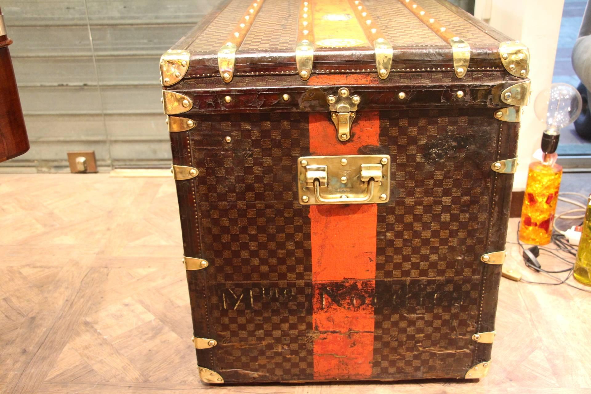 Brass 1890s Extra Large Louis Vuitton Checkers Monogram Steamer Trunk, Leather Trim