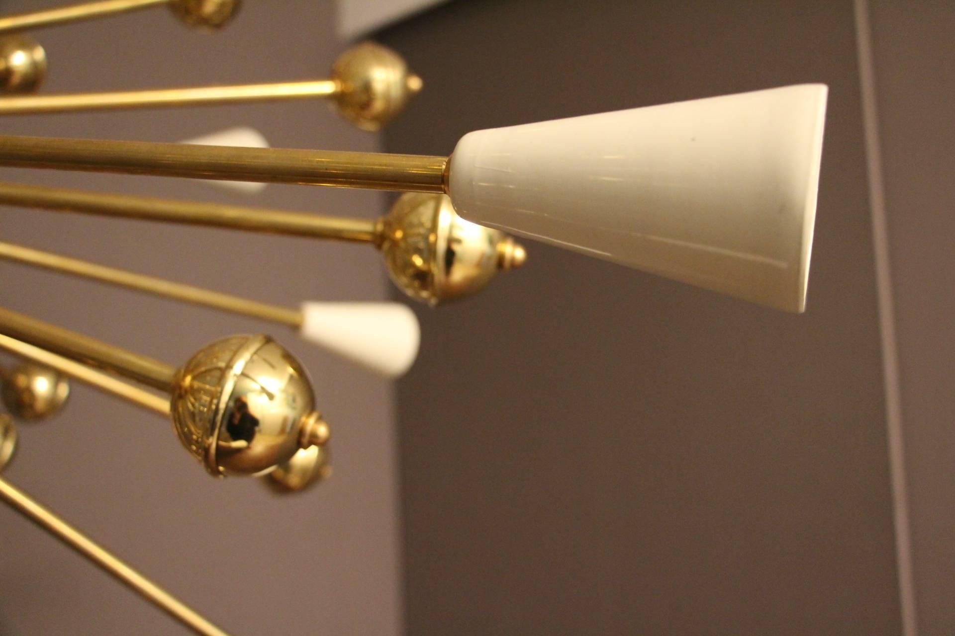 Mid-Century Modern White and Brass Sputnik Chandelier in Stilnovo Style