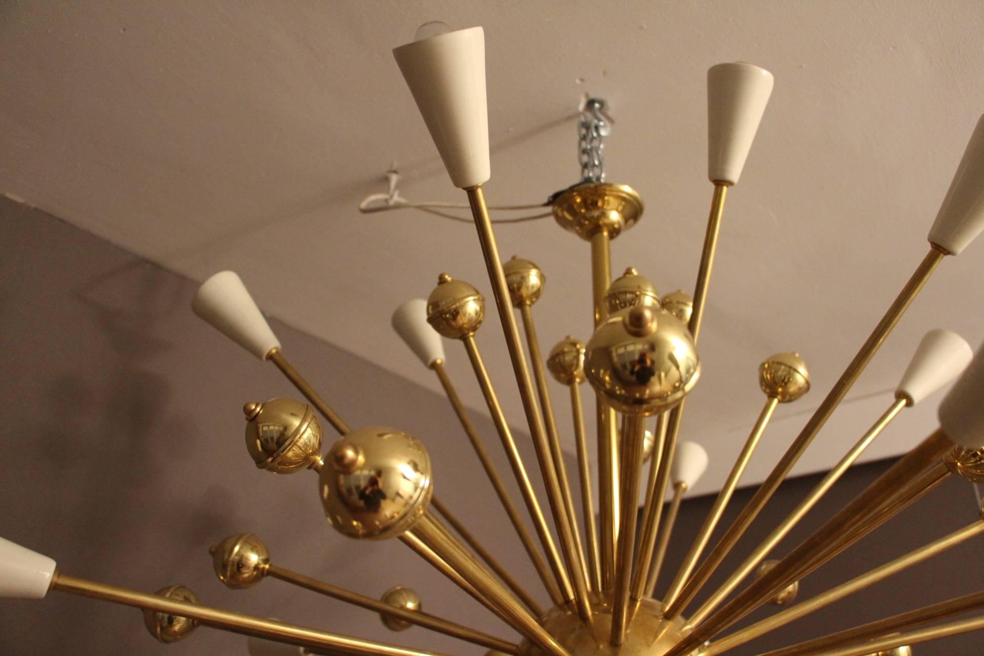 Italian White and Brass Sputnik Chandelier in Stilnovo Style