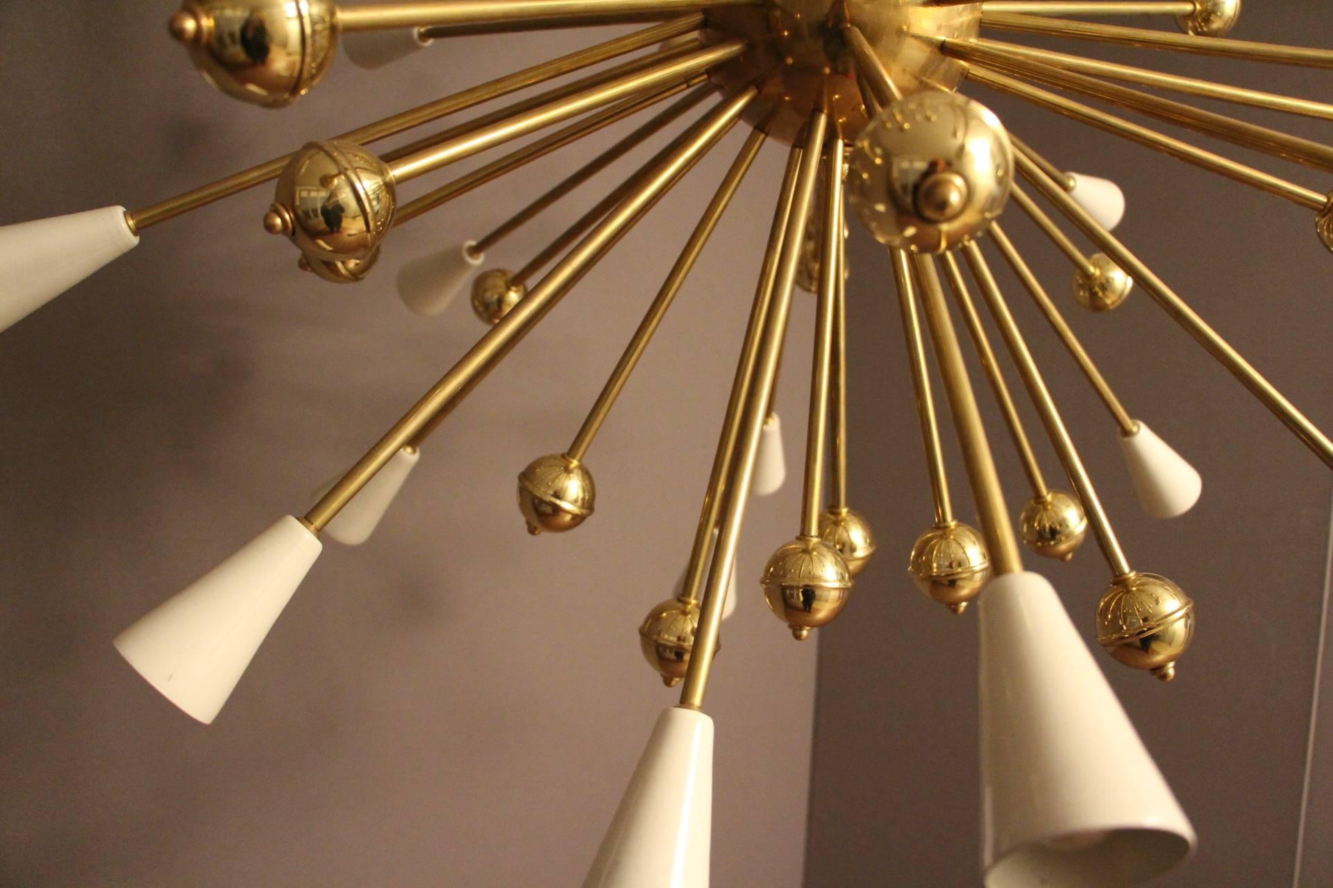 White and Brass Sputnik Chandelier in Stilnovo Style 1