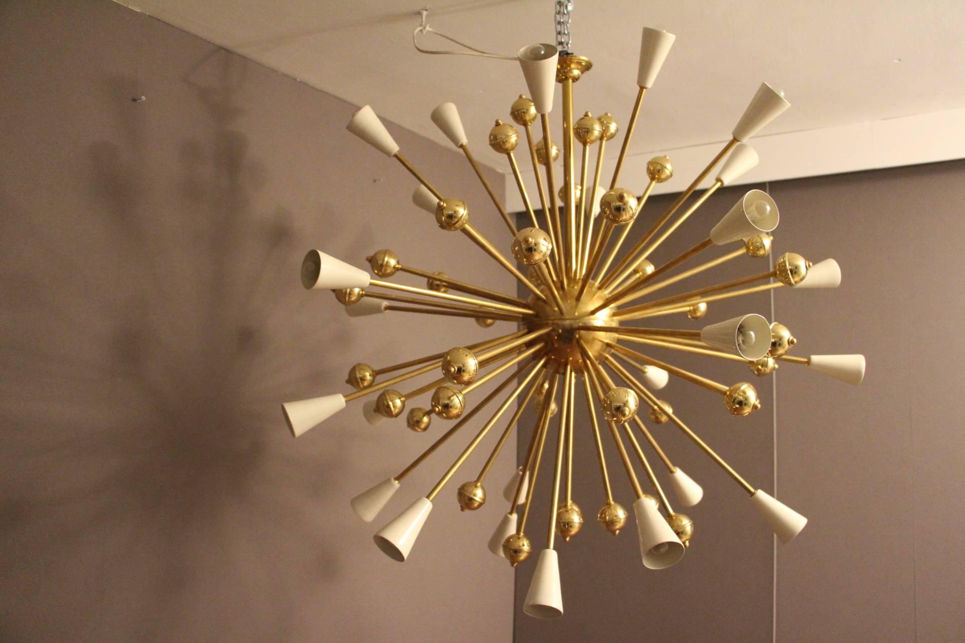 White and Brass Sputnik Chandelier in Stilnovo Style 2
