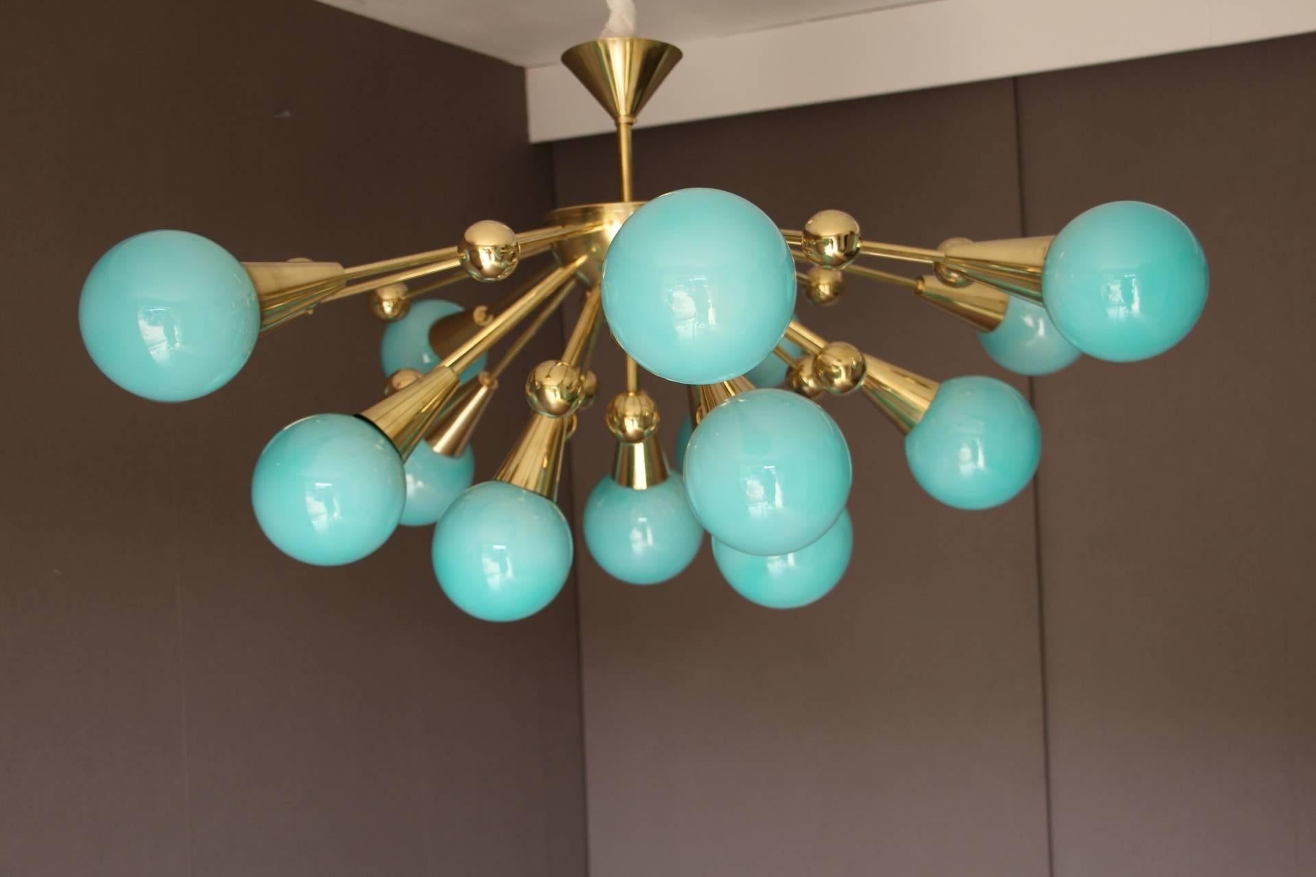 Brass Half Sputnik Turquoise Blue Murano Glass Globes Chandelier