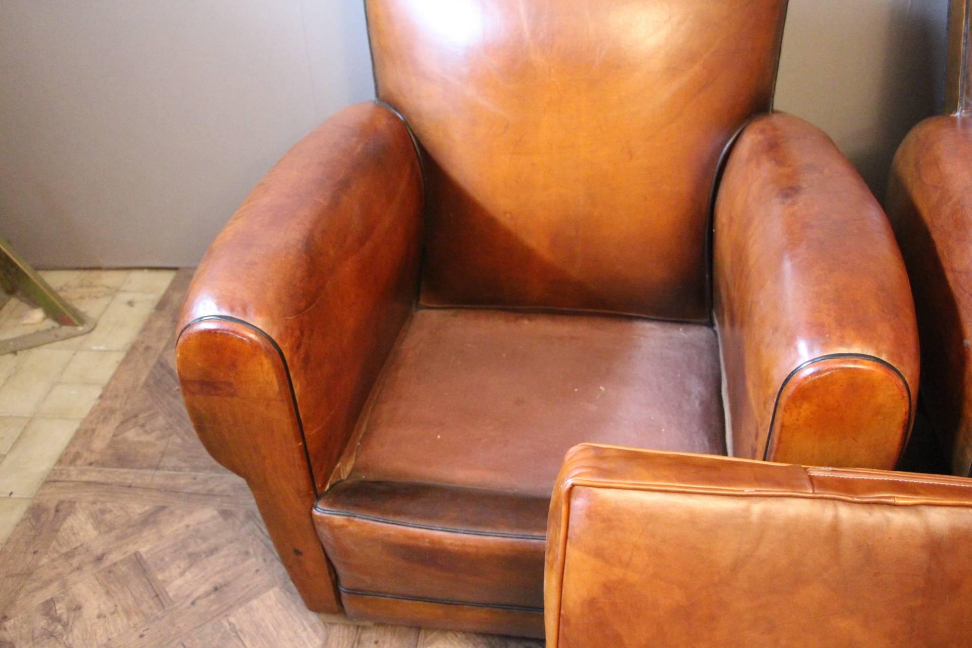 Pair of 1930s French Leather Club Chairs, Mustache Back 1