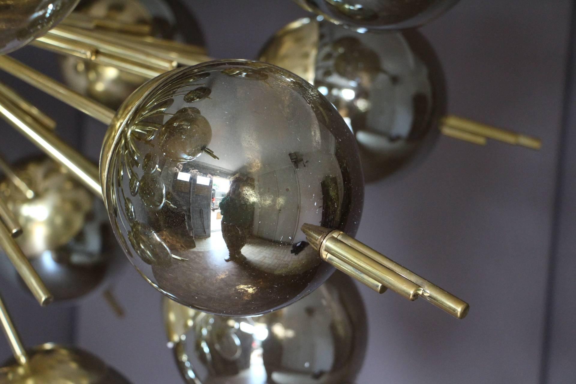 Mid-Century Modern Brass, Golden and Mercury Murano Glass Globes Sputnik Chandelier