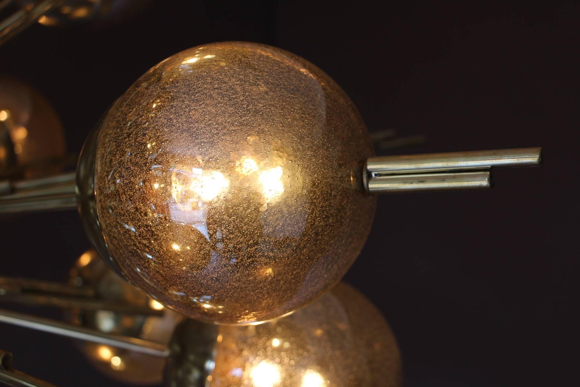 French Brass, Golden and Mercury Murano Glass Globes Sputnik Chandelier