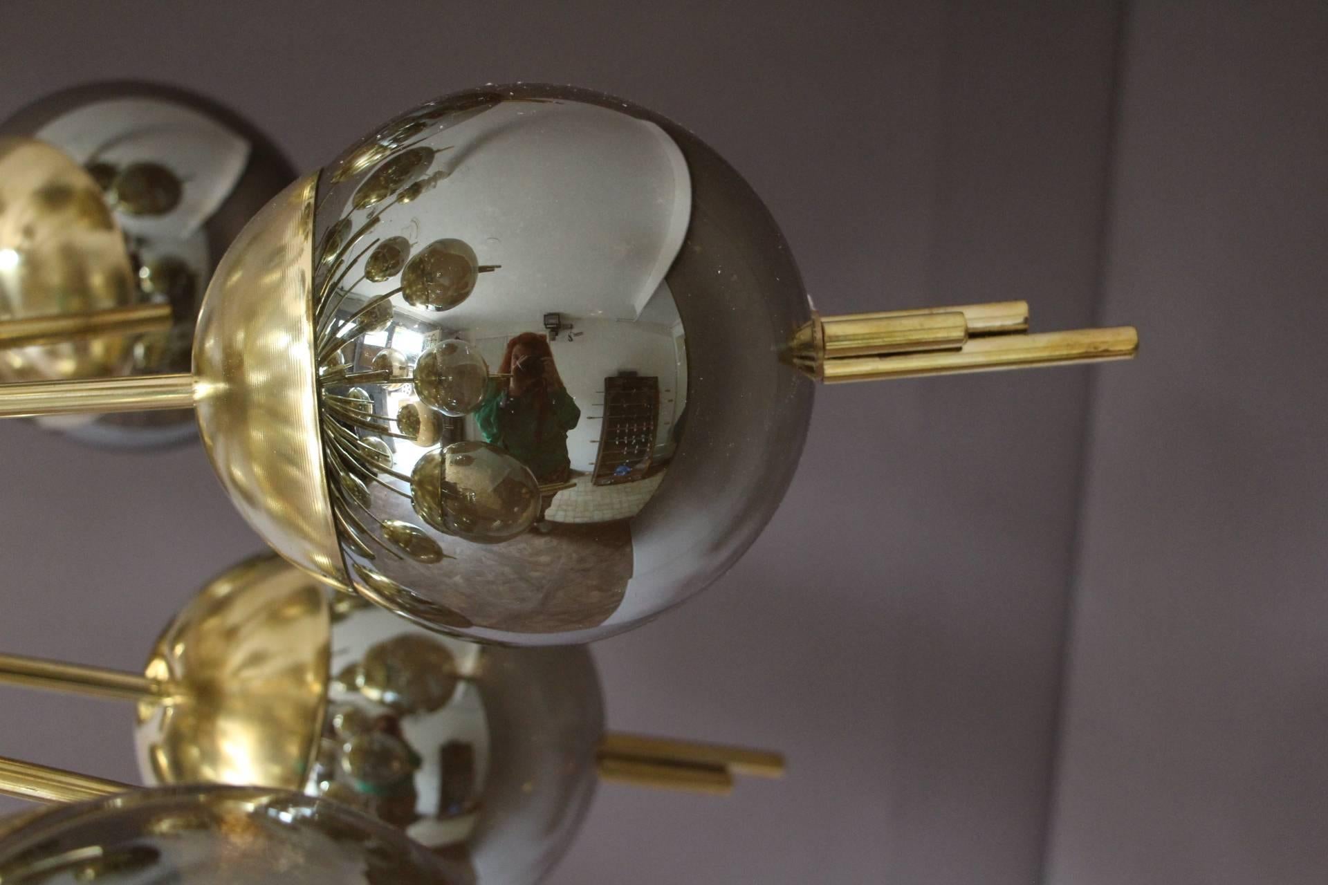 Brass, Golden and Mercury Murano Glass Globes Sputnik Chandelier 1